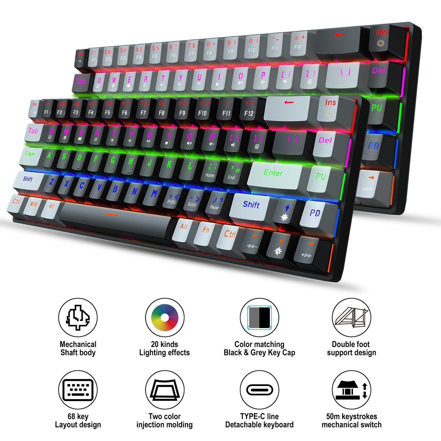 New 68 key RGB luminous esports game with blue and red axis mechanical keyboard laptop MAC 60%.