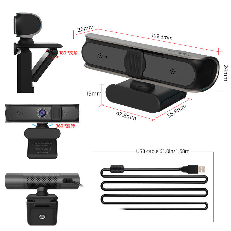 Computer camera with 5 million AF autofocus and support for 1080P video conferencing and online courses.