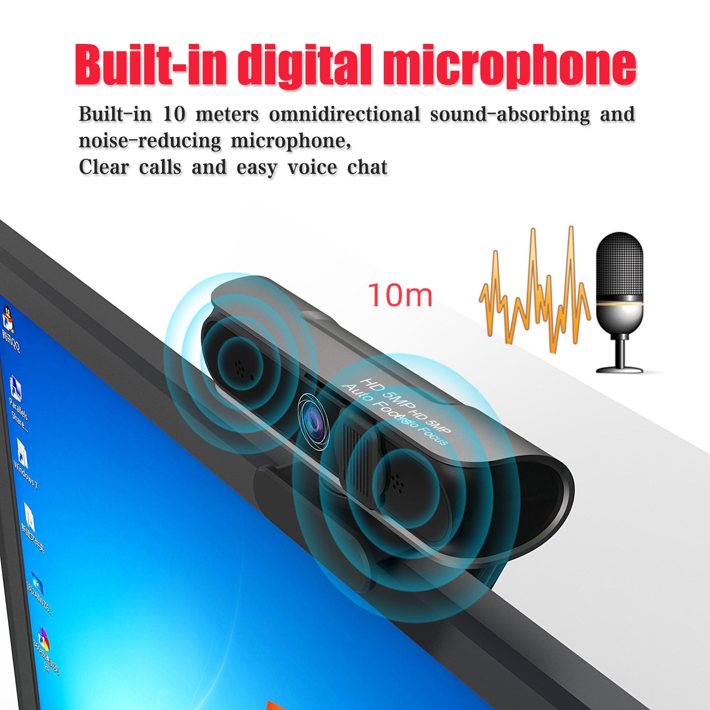 Computer camera with 5 million AF autofocus and support for 1080P video conferencing and online courses.
