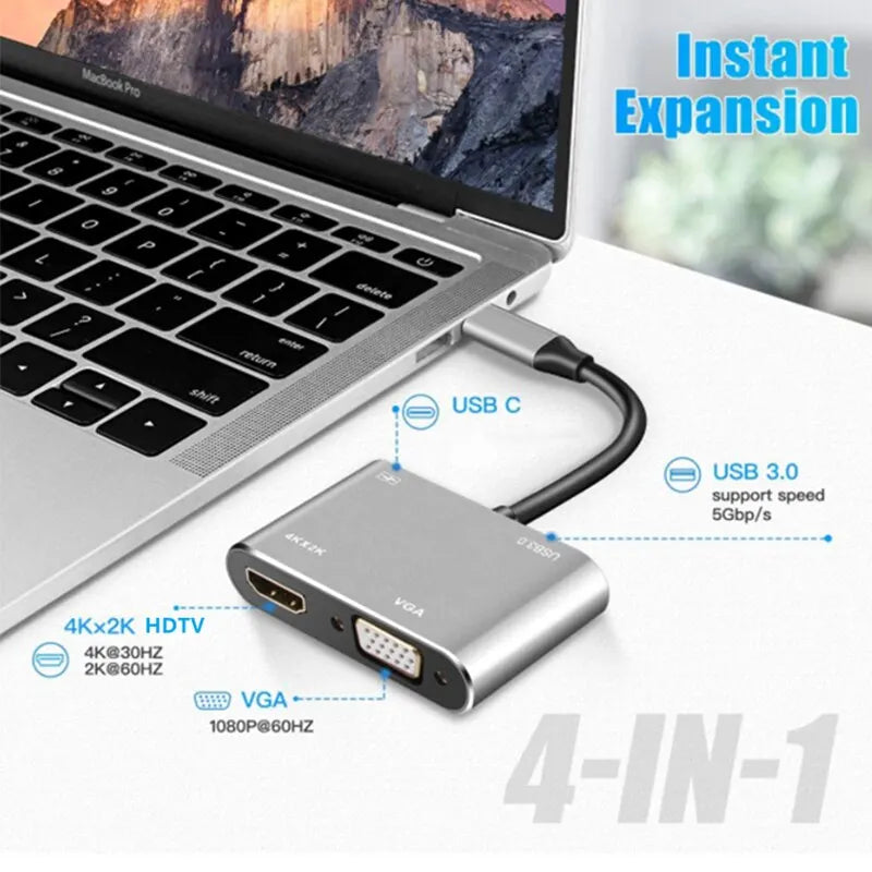 USB C Hub 4 in 1 Type C 3.0 Adapter to 4K HDMI VGA PD Fast Charge Splitter Docking Station Hub for Phone MacBook Laptop Computer.