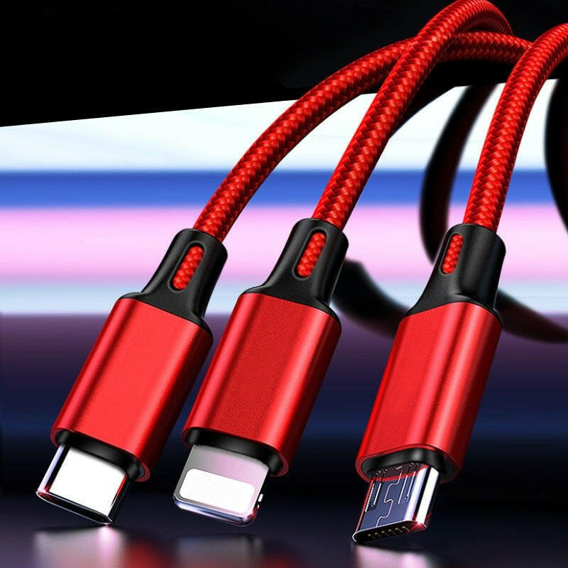 . 3-in-1 Fast Charging Data Cable – Woven Material, 3-Head Design - GoTypical