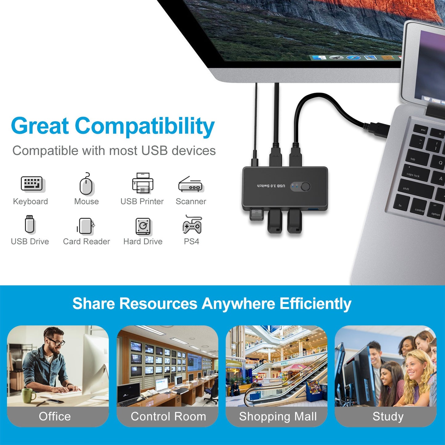 USB 3.0 switch printer sharer 4-port USB shared mouse and keyboard for 2 computers 2-inch and 4-out AT06