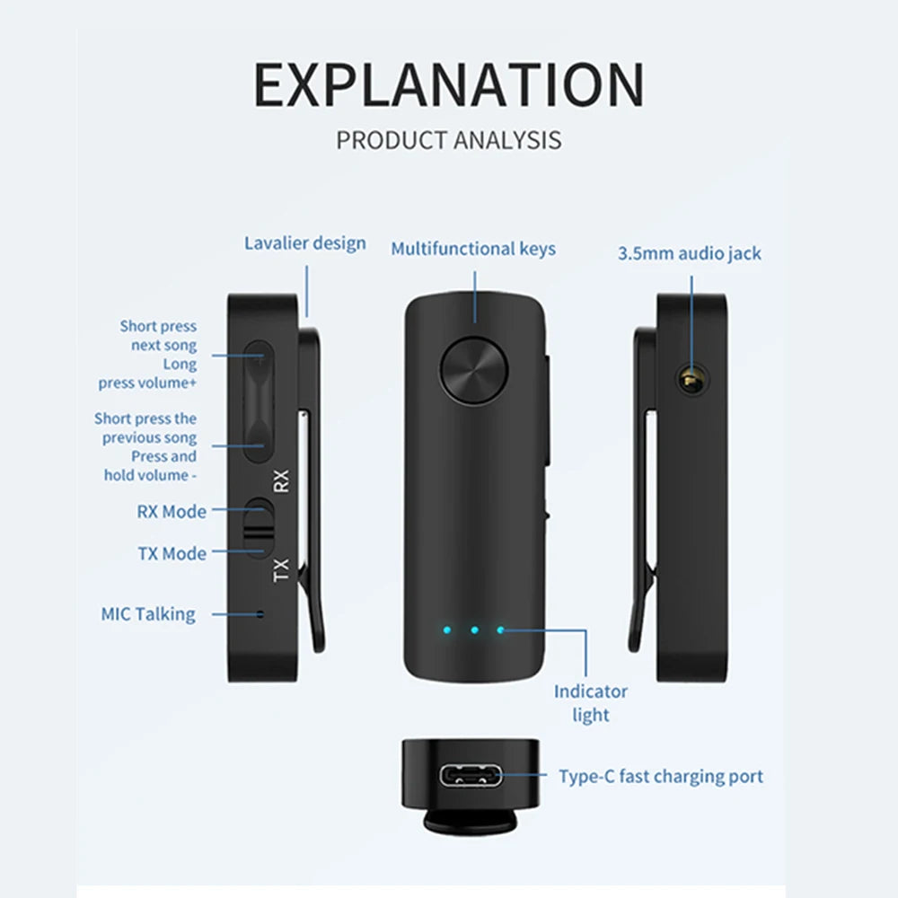 T66 AUX Bluetooth 5.0 Adapter Car Bluetooth Receiver Transmitter 2-in-1 Wireless Audio.