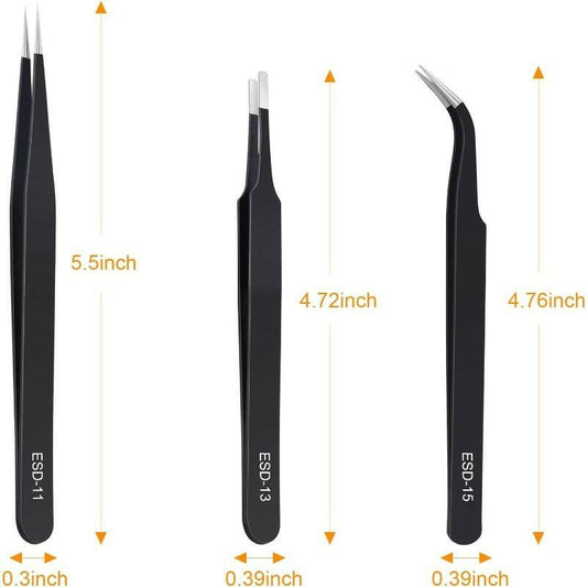 3PCS Anti-Static Precision Tweezers Set – Stainless Steel ESD-Safe - GoTypical