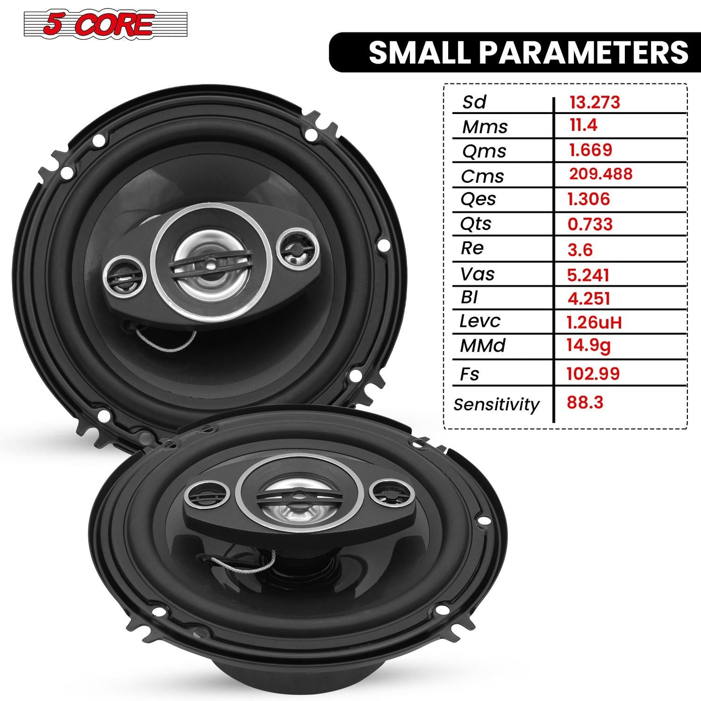 5 Core 2 Way 6' Car Stereo Speakers Pair 500W Coaxial Subwoofer w Tweeter | Universal Fit Deep Bass Replacement Component Speaker for Vehicle Door Side Panel Mount - CS 06 2W - GoTypical