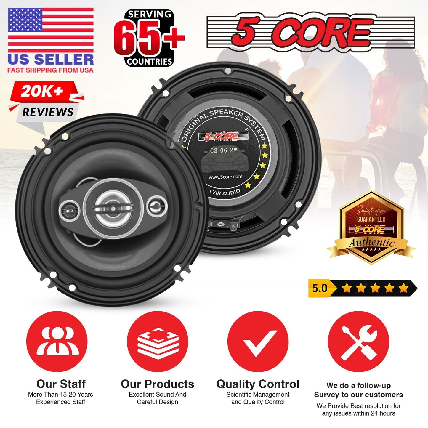 5 Core 2 Way 6' Car Stereo Speakers Pair 500W Coaxial Subwoofer w Tweeter | Universal Fit Deep Bass Replacement Component Speaker for Vehicle Door Side Panel Mount - CS 06 2W - GoTypical