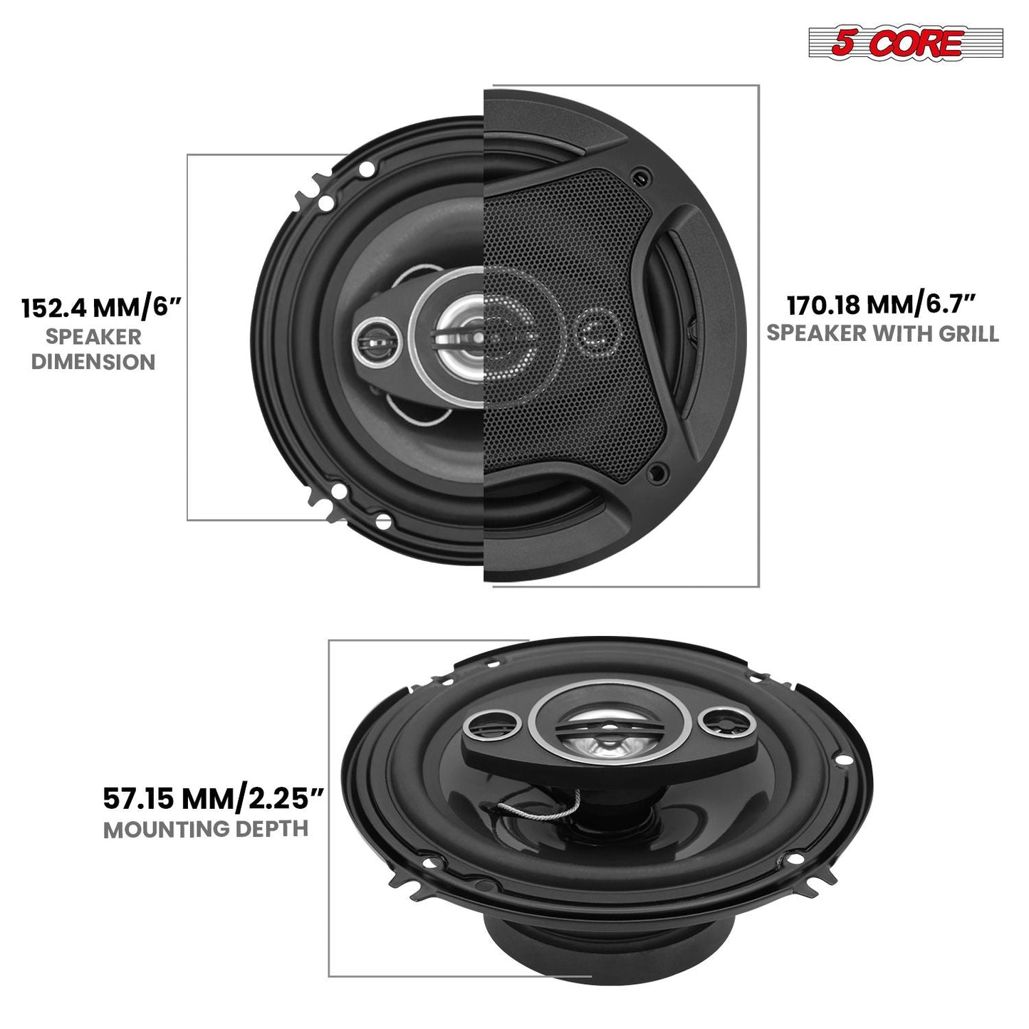 5 Core 2 Way 6' Car Stereo Speakers Pair 500W Coaxial Subwoofer w Tweeter | Universal Fit Deep Bass Replacement Component Speaker for Vehicle Door Side Panel Mount - CS 06 2W - GoTypical