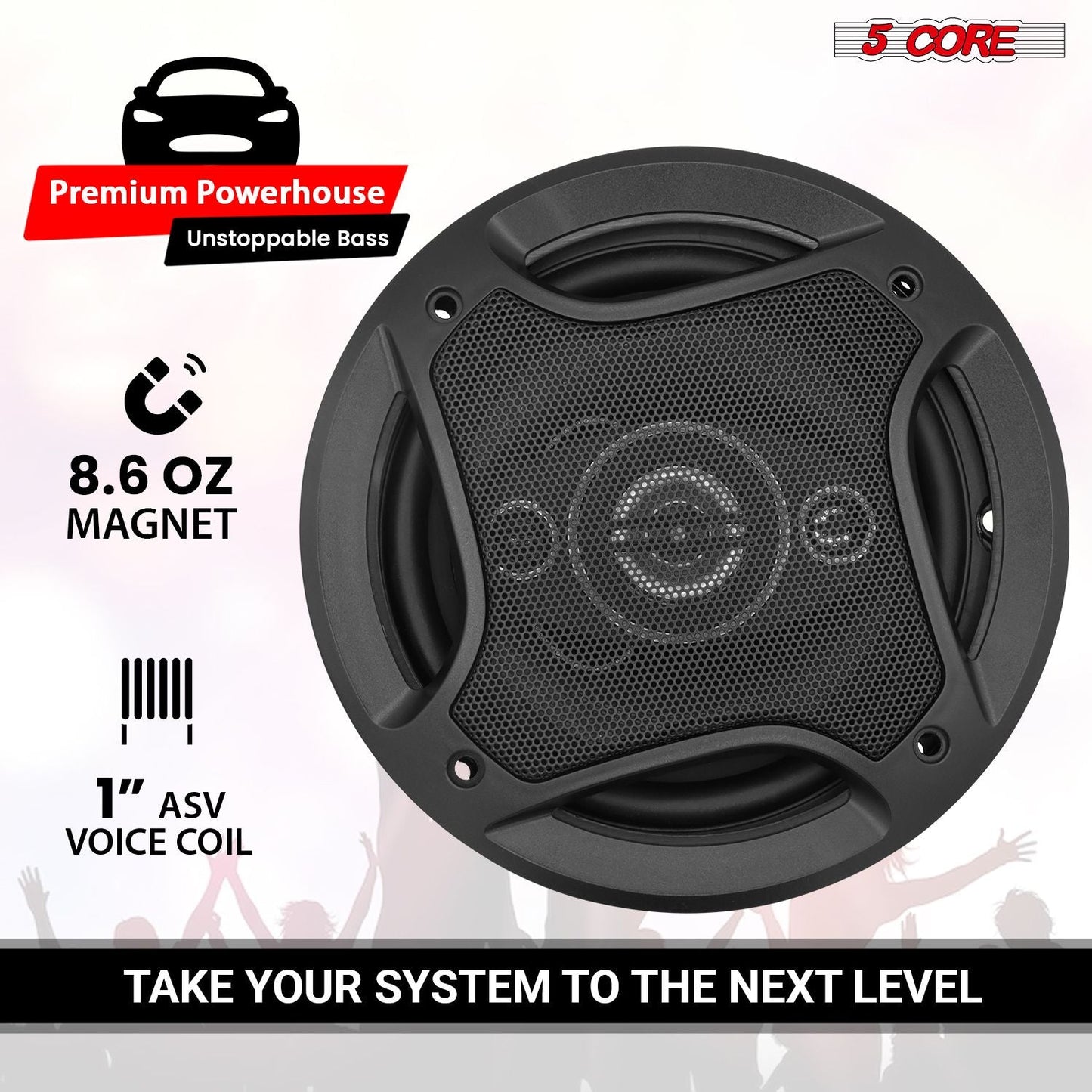 5 Core 2 Way 6' Car Stereo Speakers Pair 500W Coaxial Subwoofer w Tweeter | Universal Fit Deep Bass Replacement Component Speaker for Vehicle Door Side Panel Mount - CS 06 2W - GoTypical