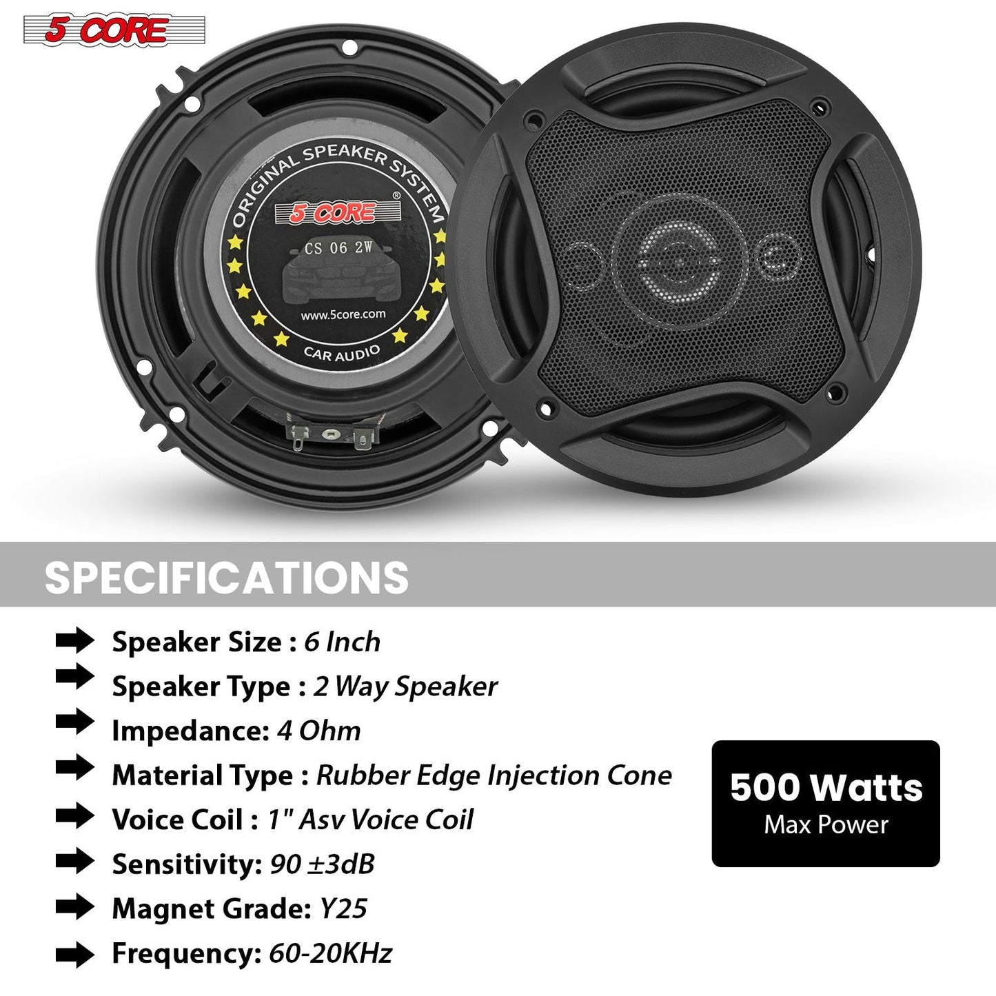 5 Core 2 Way 6' Car Stereo Speakers Pair 500W Coaxial Subwoofer w Tweeter | Universal Fit Deep Bass Replacement Component Speaker for Vehicle Door Side Panel Mount - CS 06 2W - GoTypical