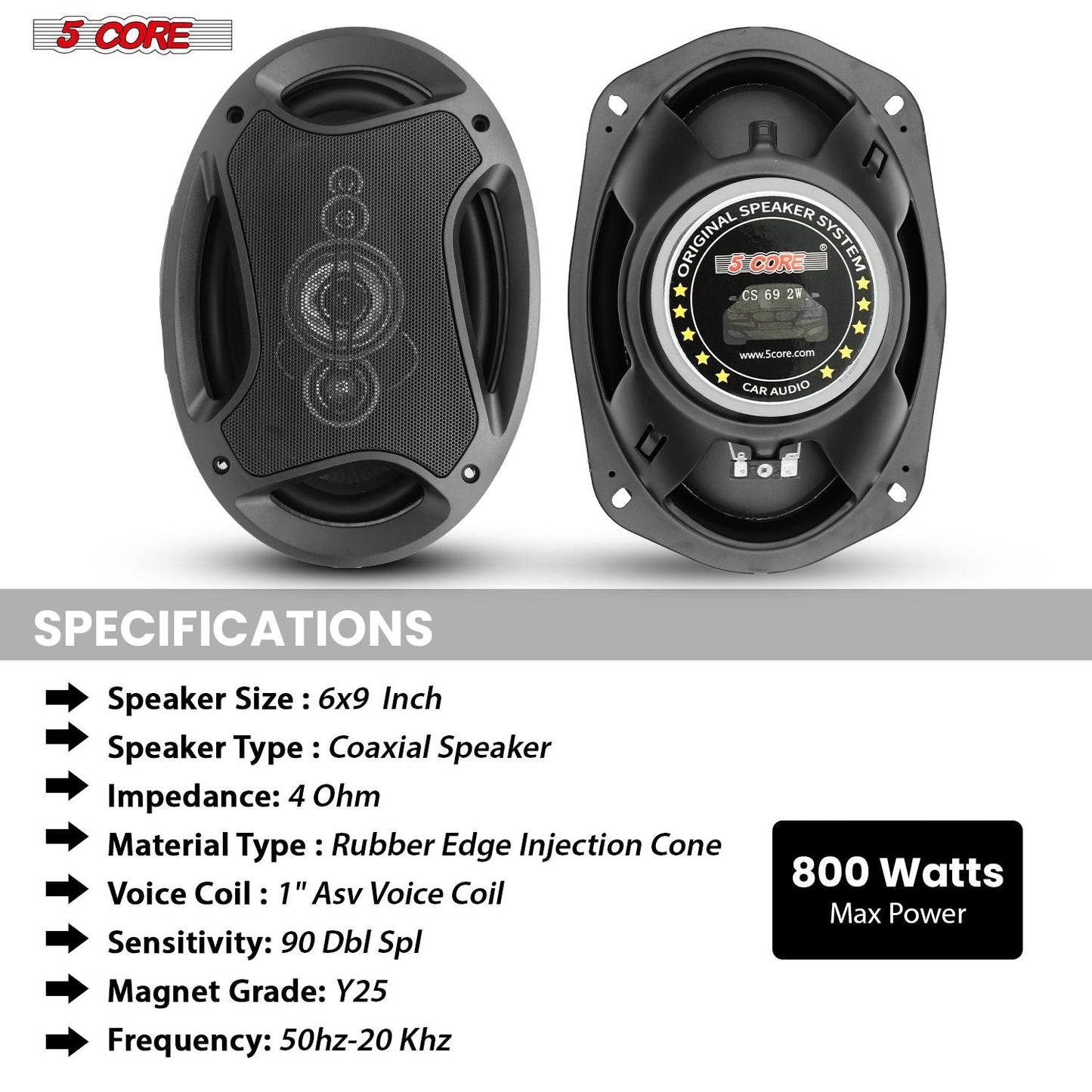 5 Core 6x9 Car Speaker Pair 800W 4Ohm 2 Way Coaxial Speaker w Super Tweeter Universal Fit for Cars Stereo Easy Installation High Performance Sound System for Clear Sound & Deep Bass - CS 69 2W - GoTypical