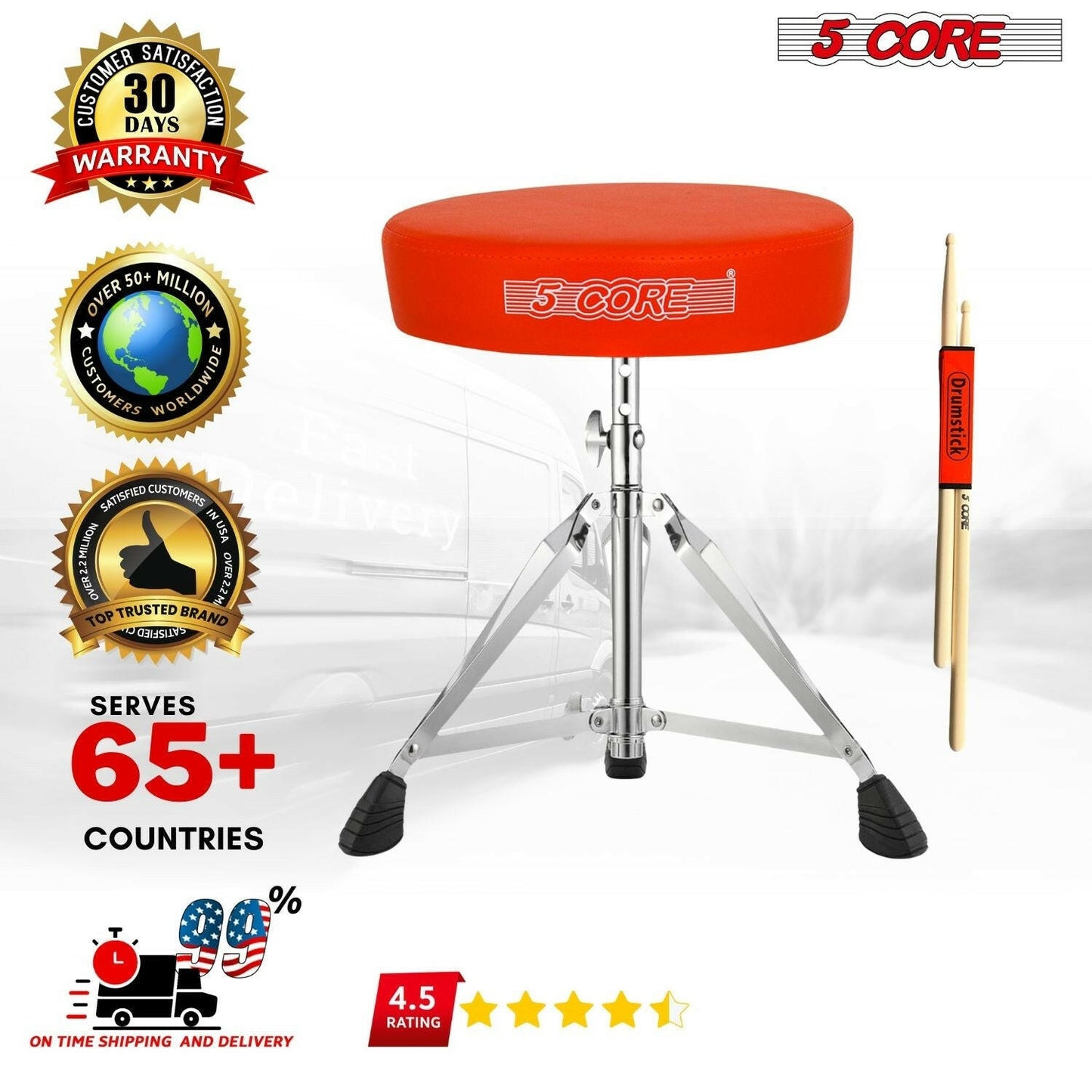 5 Core Drum Throne – Padded Adjustable Music Chair with Orange Seat - GoTypical