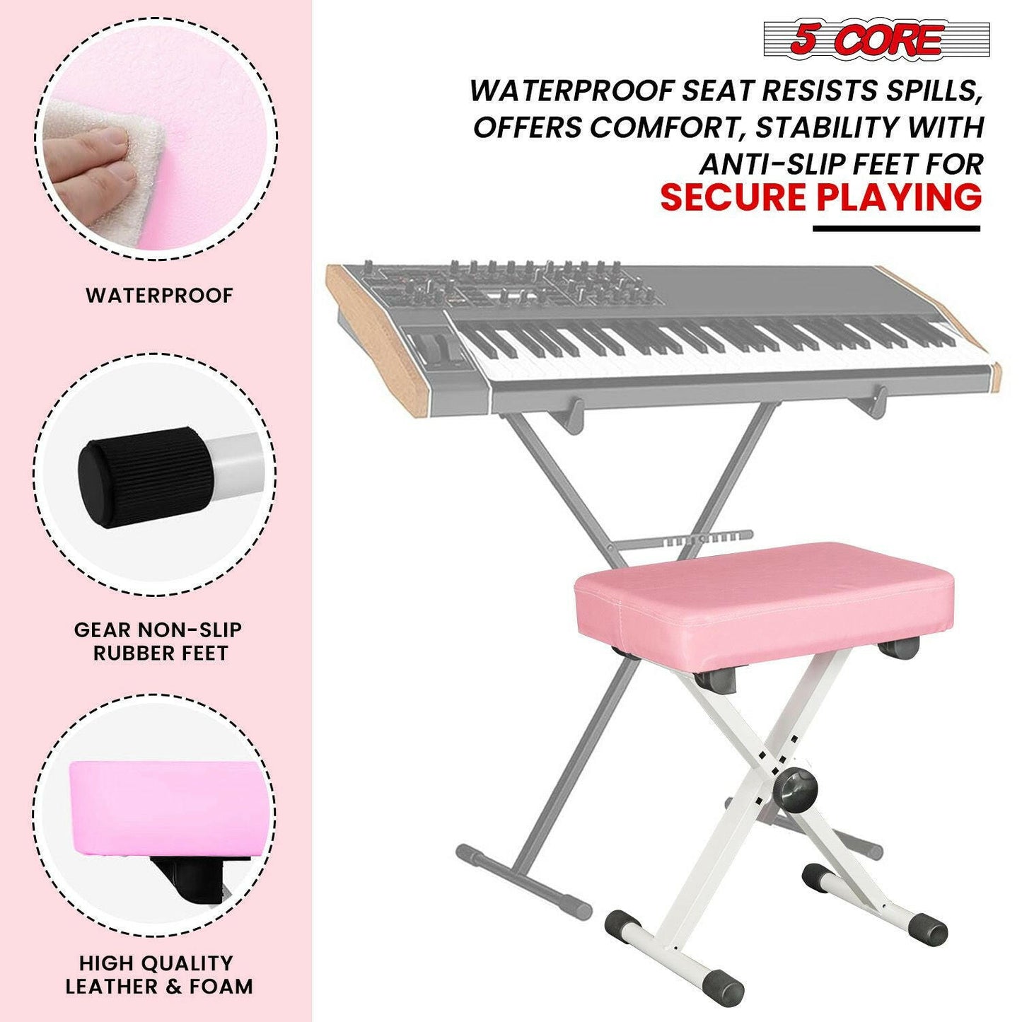 5 Core Adjustable Keyboard Stand & Pink Padded Piano Bench – Heavy Duty - GoTypical