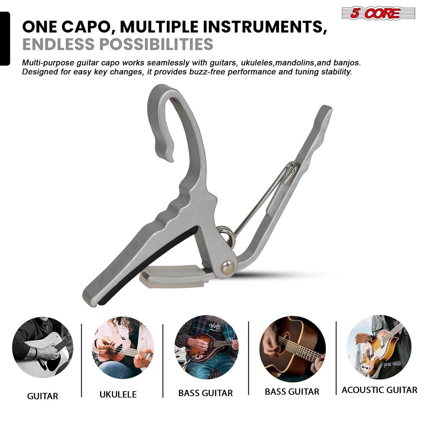 5Core Capo Acoustic Electric Guitar String Clip Banjo Mandolin Or Ukulele + 6Pcs Guitar Picks Celluloid Puas Para Guitarra + Carry Bag - CAPO AL SLV - GoTypical