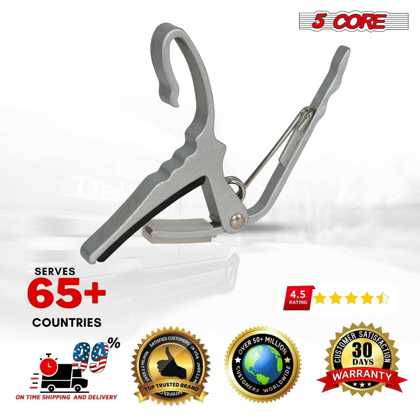 5 Core Guitar Capo – Silver Aluminum Alloy, Lightweight, Buzz-Free Tuning - GoTypical