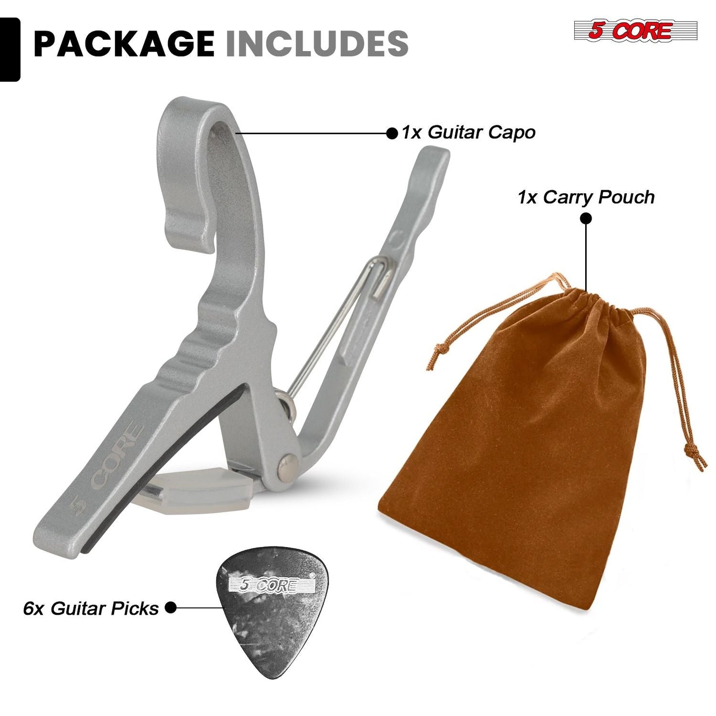 5Core Capo Acoustic Electric Guitar String Clip Banjo Mandolin Or Ukulele + 6Pcs Guitar Picks Celluloid Puas Para Guitarra + Carry Bag - CAPO AL SLV - GoTypical