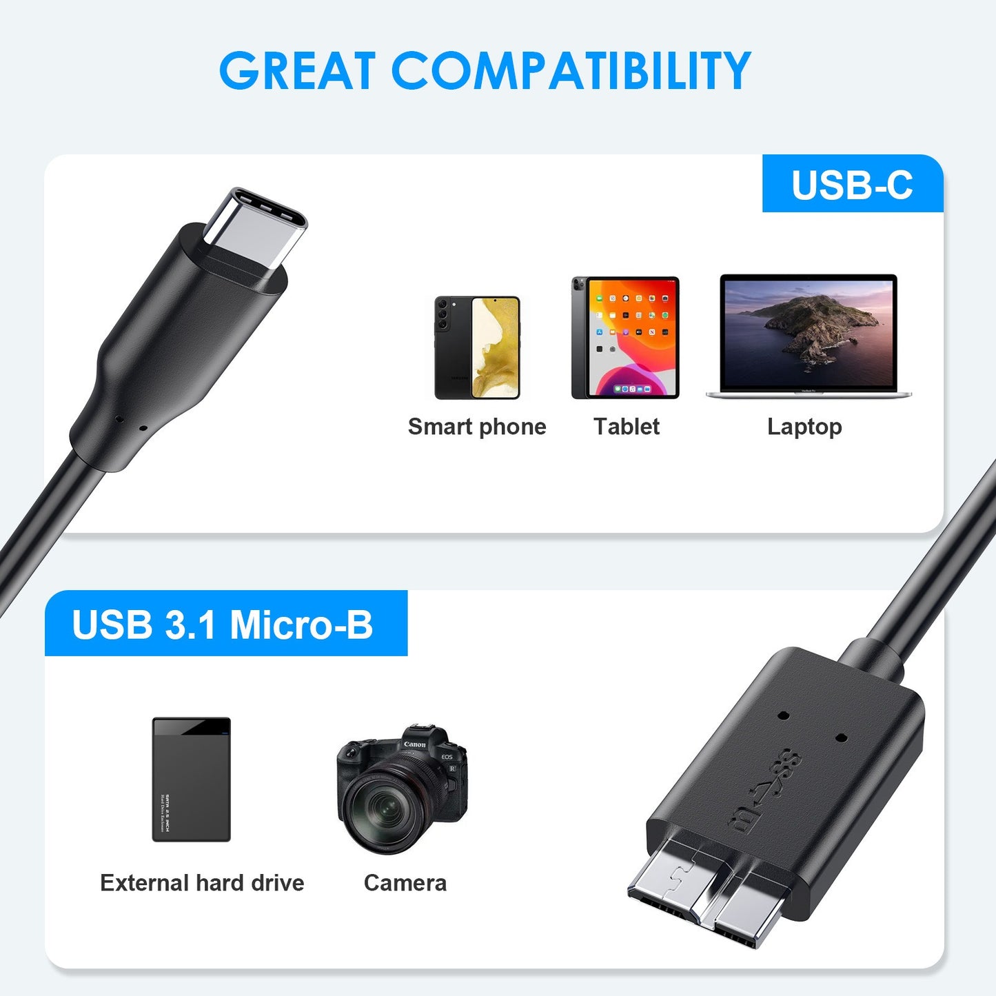 Type-C to micro data cable Type-C portable hard drive cable USB3.1 to USB3.0 hard drive data cable