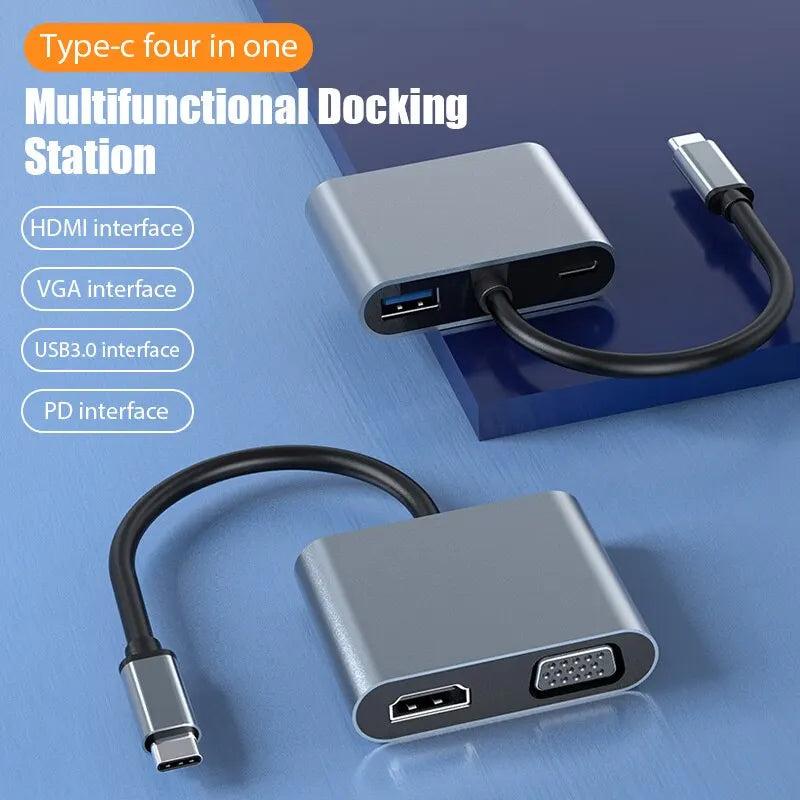 USB C Hub 4 in 1 Type C 3.0 Adapter to 4K HDMI VGA PD Fast Charge Splitter Docking Station Hub for Phone MacBook Laptop Computer.