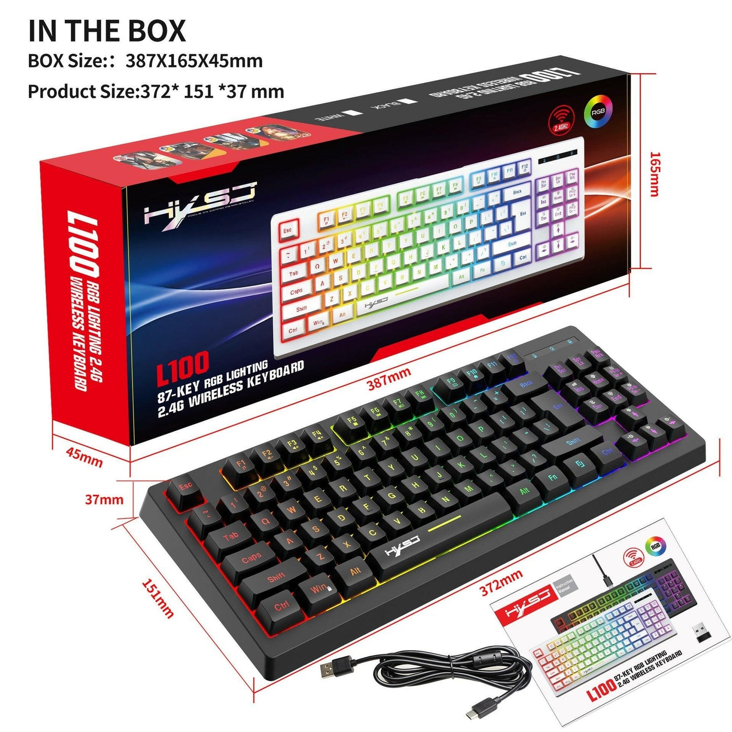 . 87-Key Wireless Membrane Keyboard – RGB Backlit, 2.4G USB - GoTypical