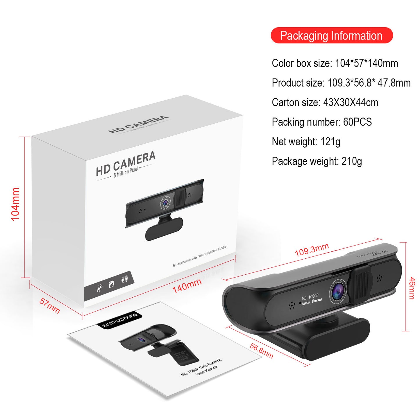Computer camera with 5 million AF autofocus and support for 1080P video conferencing and online courses.