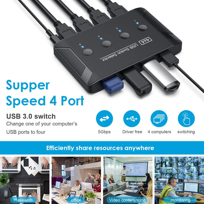 USB 3.0 Switcher 4-port USB Automatic 4-In 4-Out Switcher Hub Printer Shared Switcher