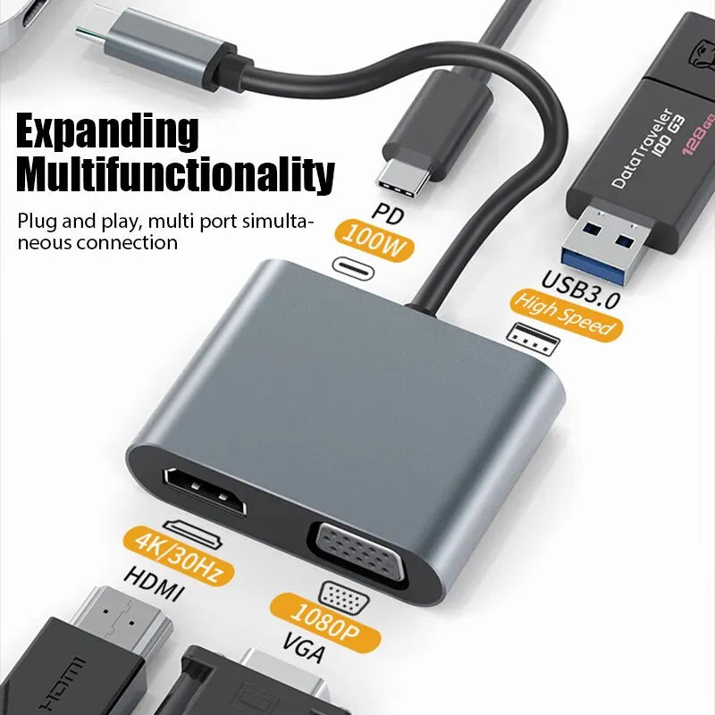 USB C Hub 4 in 1 Type C 3.0 Adapter to 4K HDMI VGA PD Fast Charge Splitter Docking Station Hub for Phone MacBook Laptop Computer.