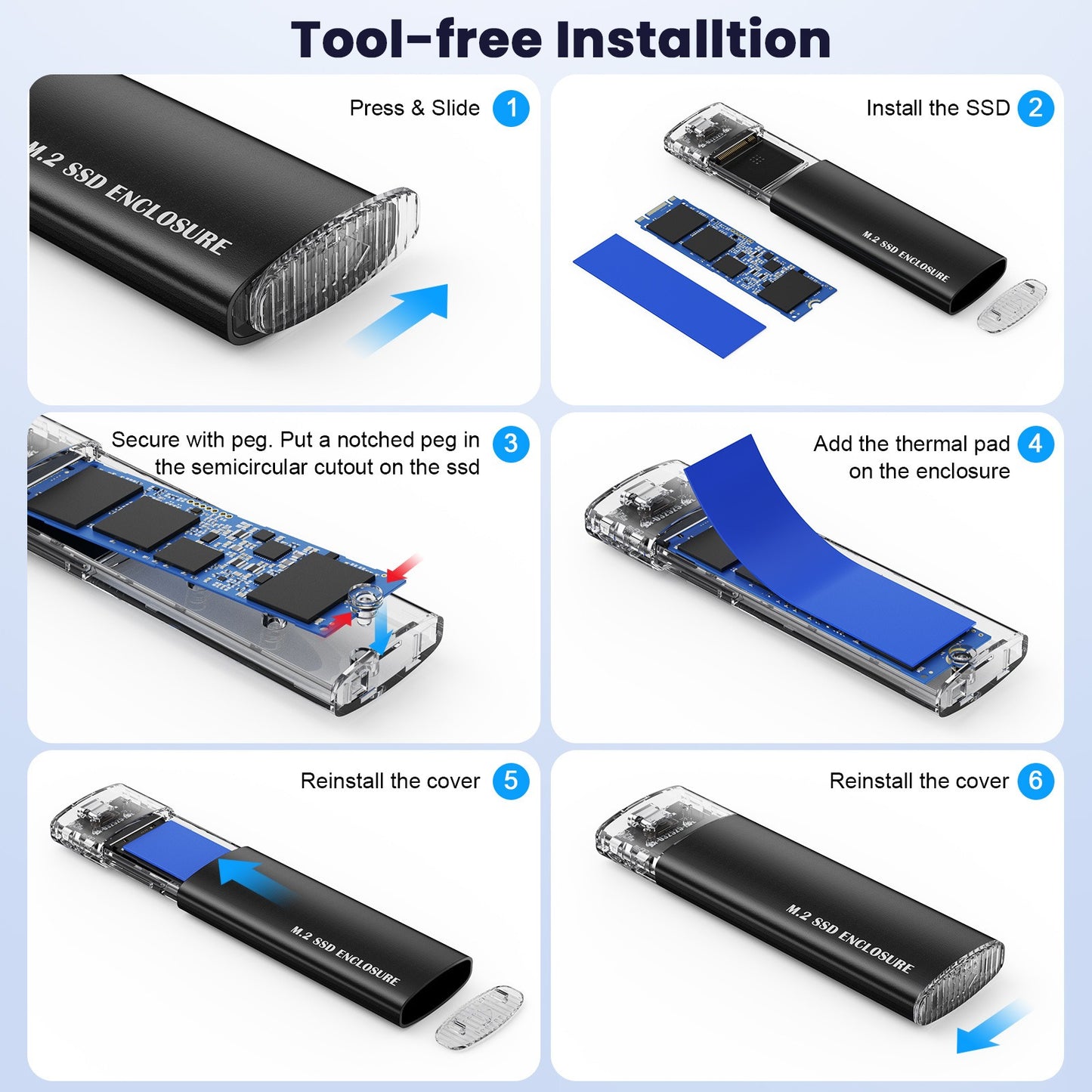 Tool free portable hard drive case transparent NVMe 10Gb M2 solid-state drive case type-C3.1