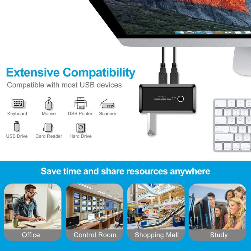 Printer sharer 4-port USB shared with 2 computers mouse and keyboard 2-inch and 4-out automatic switch