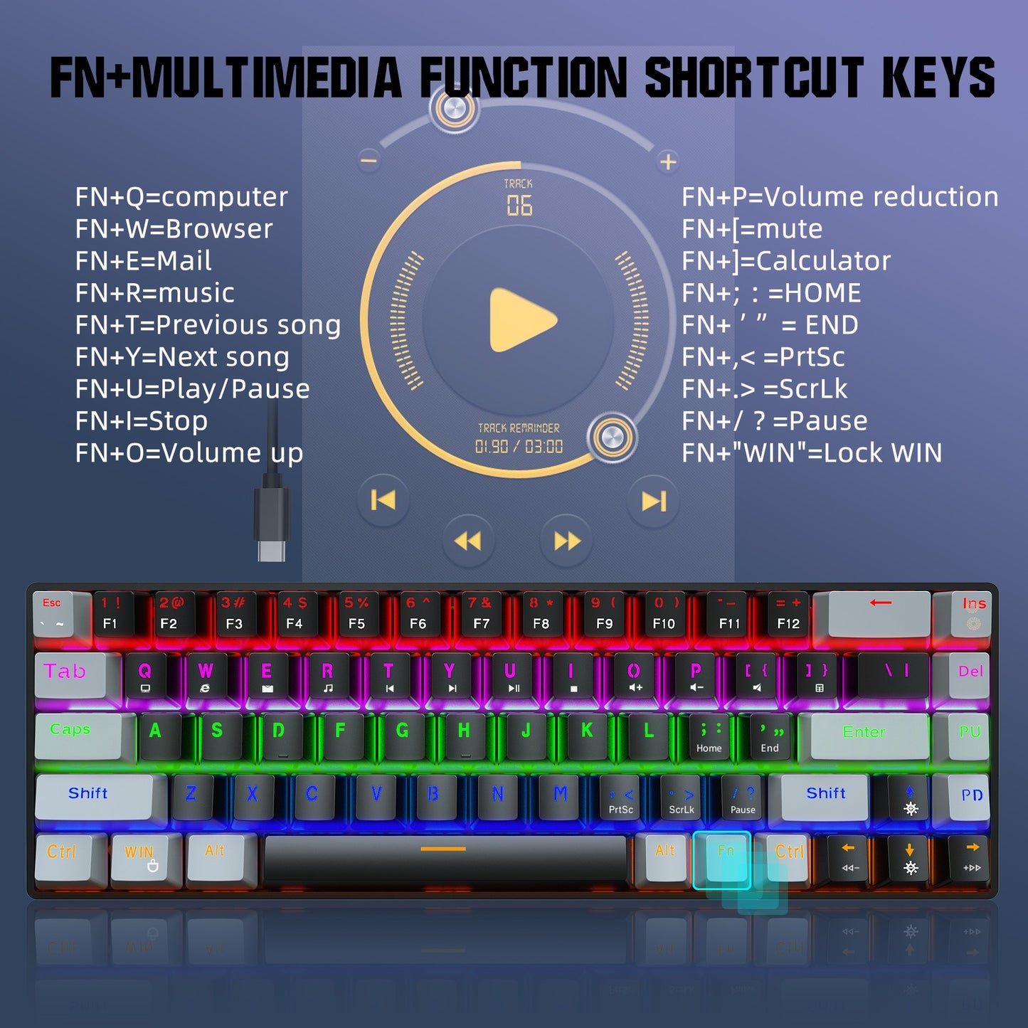 New 68 key RGB luminous esports game with blue and red axis mechanical keyboard laptop MAC 60%.