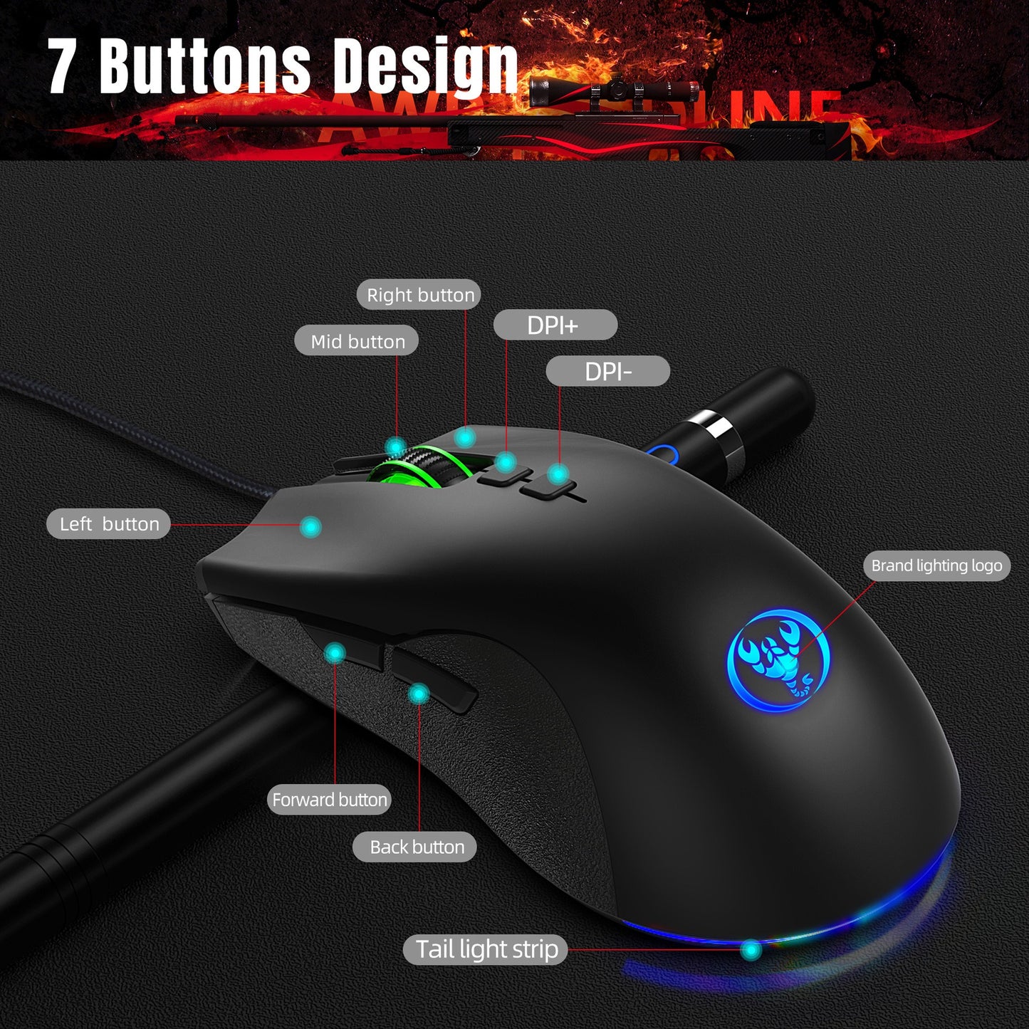 Esports Colorful Luminous Wired Mouse USB Laptop CF LOL Gaming Mouse
