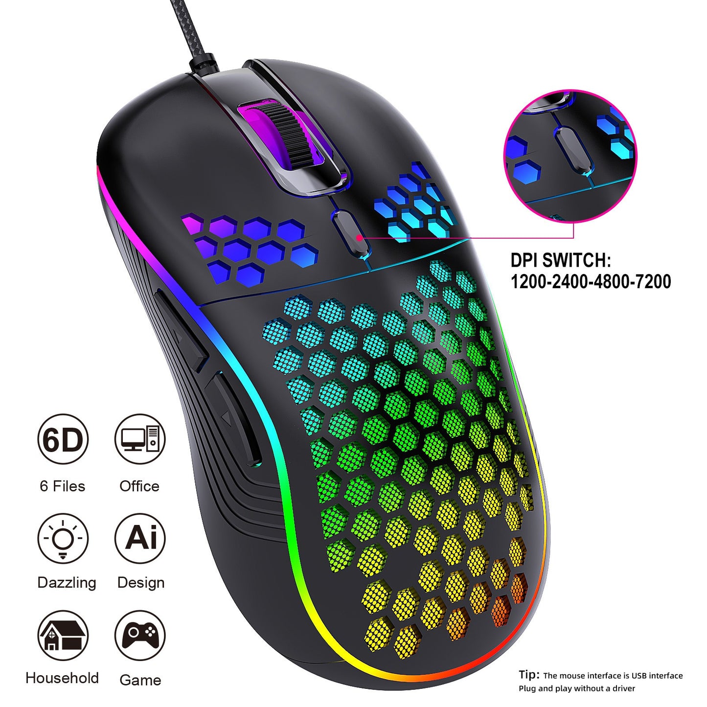 Wired gaming mouse with hollow holes and glowing light lightweight gaming mouse for esports
