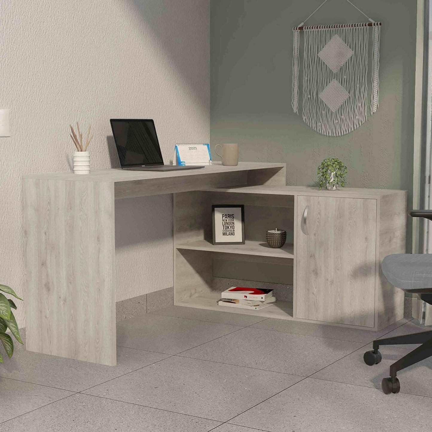 L-Shaped Writing Desk – Beige with Storage Shelves & Cabinet - GoTypical