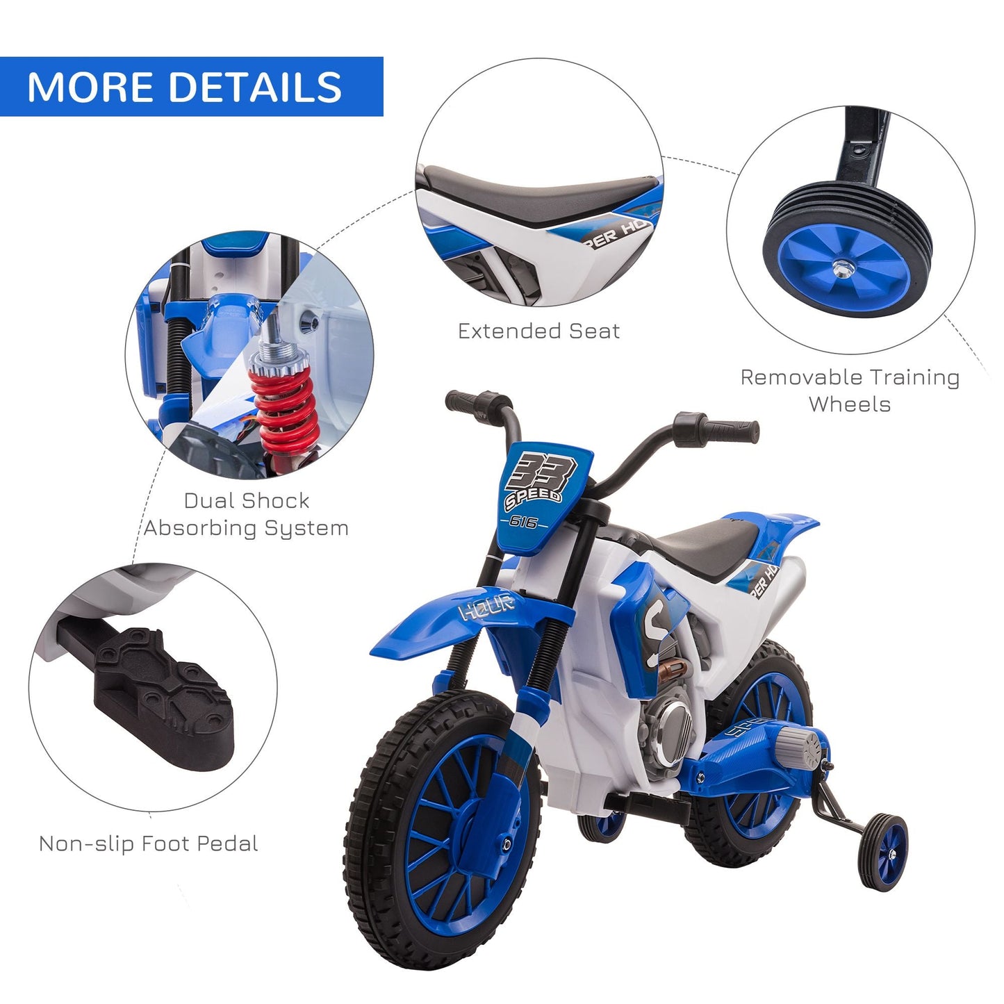 Aosom 12V Kids Motorcycle Dirt Bike Electric Battery - Powered Ride - On Toy Off - road Street Bike with Charging Battery, Training Wheels Blue - GoTypical