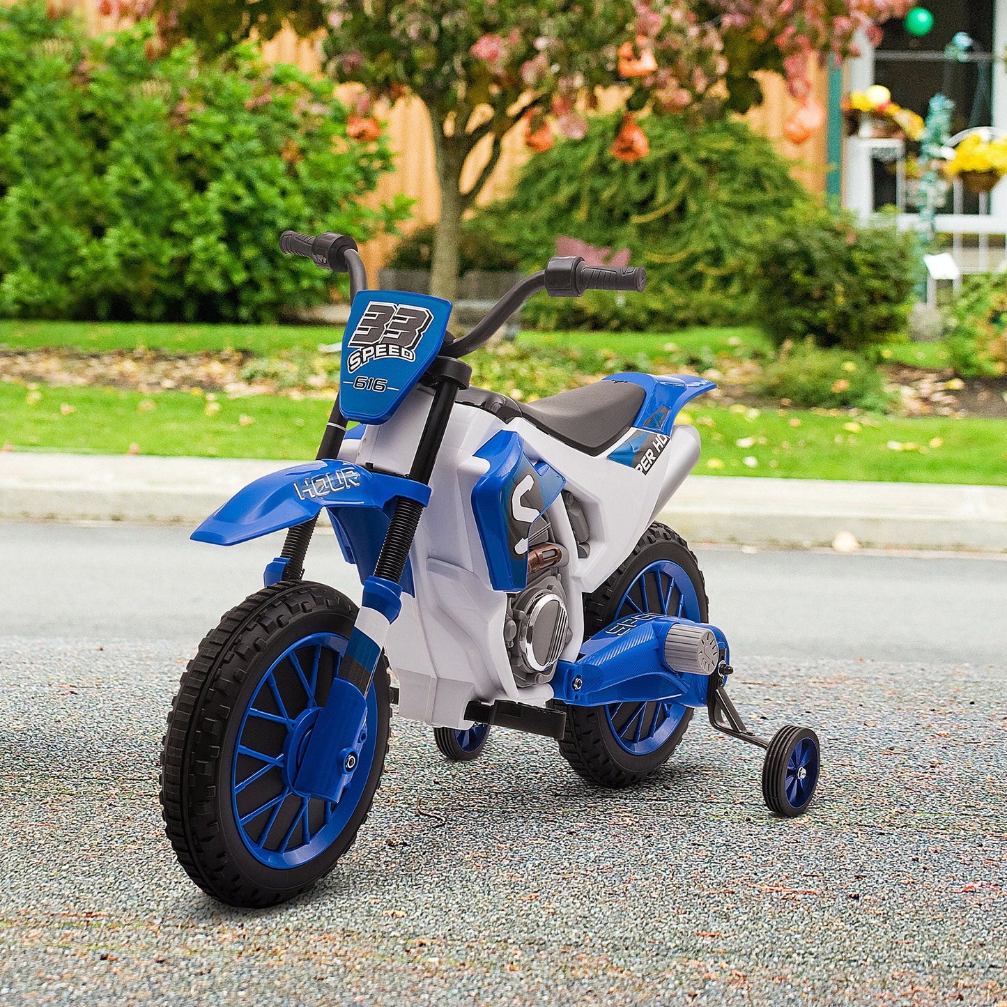 Aosom 12V Kids Motorcycle Dirt Bike Electric Battery - Powered Ride - On Toy Off - road Street Bike with Charging Battery, Training Wheels Blue - GoTypical