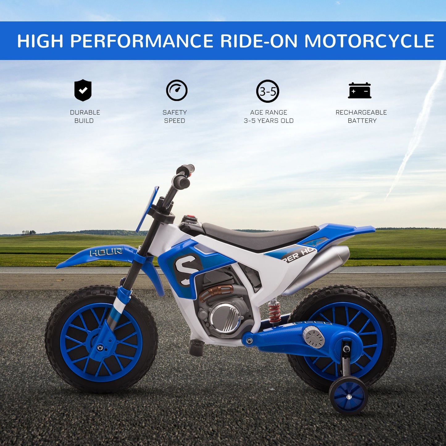 Aosom 12V Kids Motorcycle Dirt Bike Electric Battery - Powered Ride - On Toy Off - road Street Bike with Charging Battery, Training Wheels Blue - GoTypical