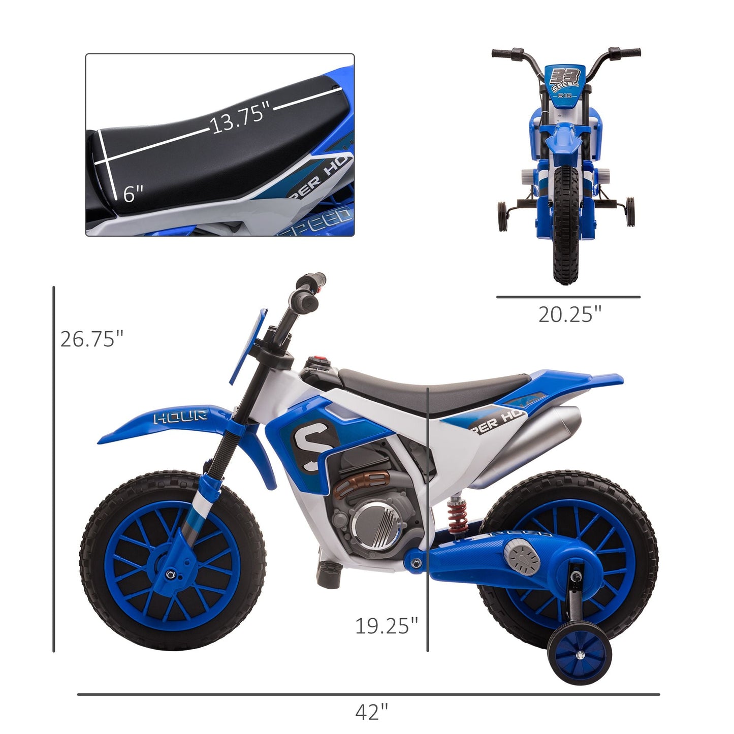 Aosom 12V Kids Motorcycle Dirt Bike Electric Battery - Powered Ride - On Toy Off - road Street Bike with Charging Battery, Training Wheels Blue - GoTypical