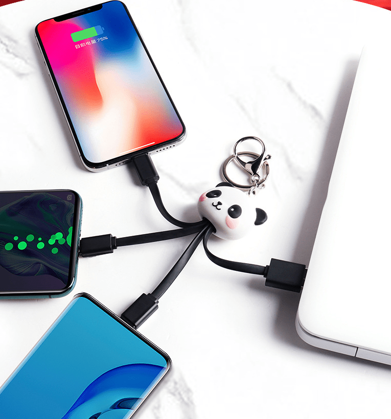 Cartoon Panda One Drag Three Data Wires Cute Keychain Panda Three in One Fast Charging Mobile Phone Charging Cable - GoTypical