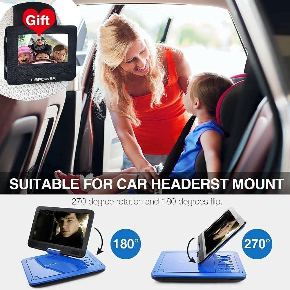 DBPOWER 12" Portable DVD Player with 5 - Hour Rechargeable Battery, 10" Swivel Display Screen, SD / USB Port, with 1.8 Meter Car Charger, Power Adaptor and Car Headrest Mount, Region Free - Blue - GoTypical