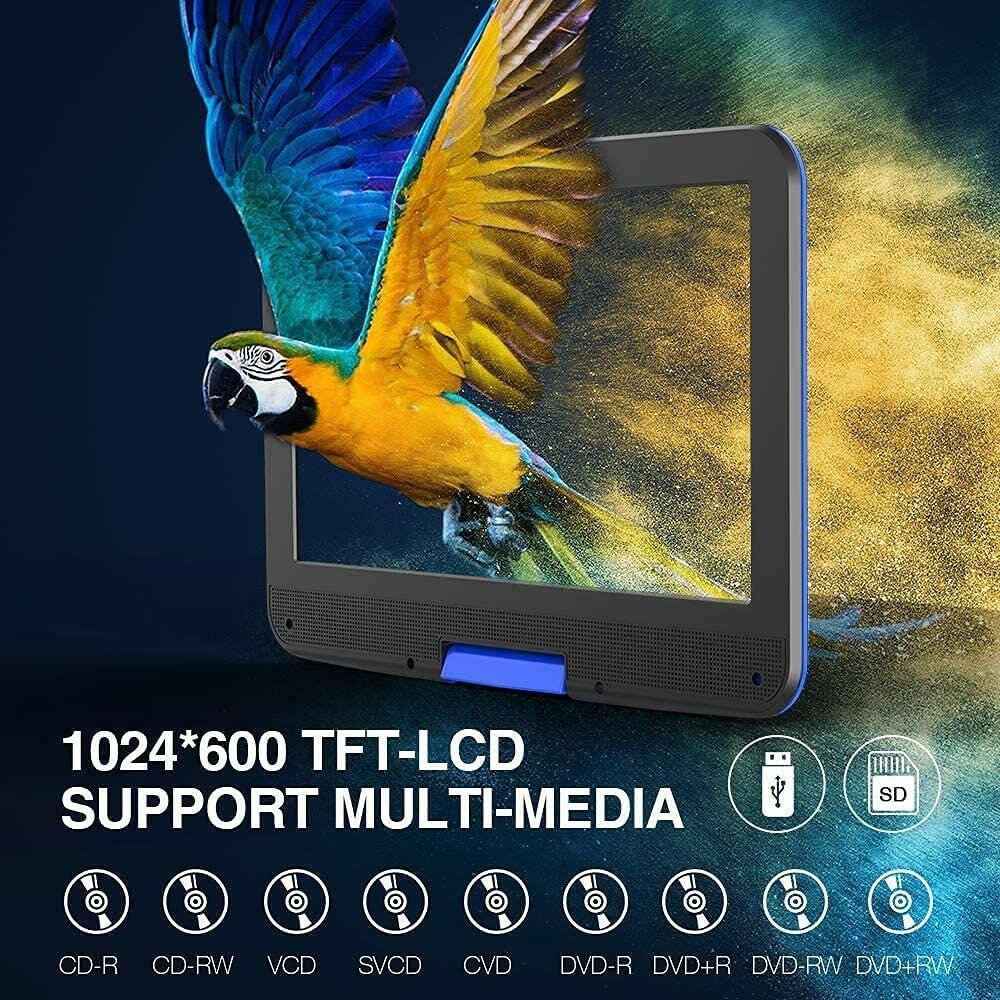 DBPOWER 12" Portable DVD Player with 5 - Hour Rechargeable Battery, 10" Swivel Display Screen, SD / USB Port, with 1.8 Meter Car Charger, Power Adaptor and Car Headrest Mount, Region Free - Blue - GoTypical
