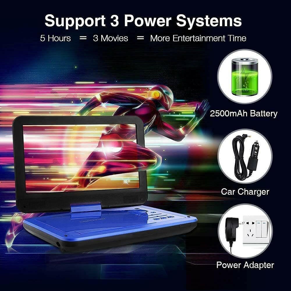 DBPOWER 12" Portable DVD Player with 5 - Hour Rechargeable Battery, 10" Swivel Display Screen, SD / USB Port, with 1.8 Meter Car Charger, Power Adaptor and Car Headrest Mount, Region Free - Blue - GoTypical