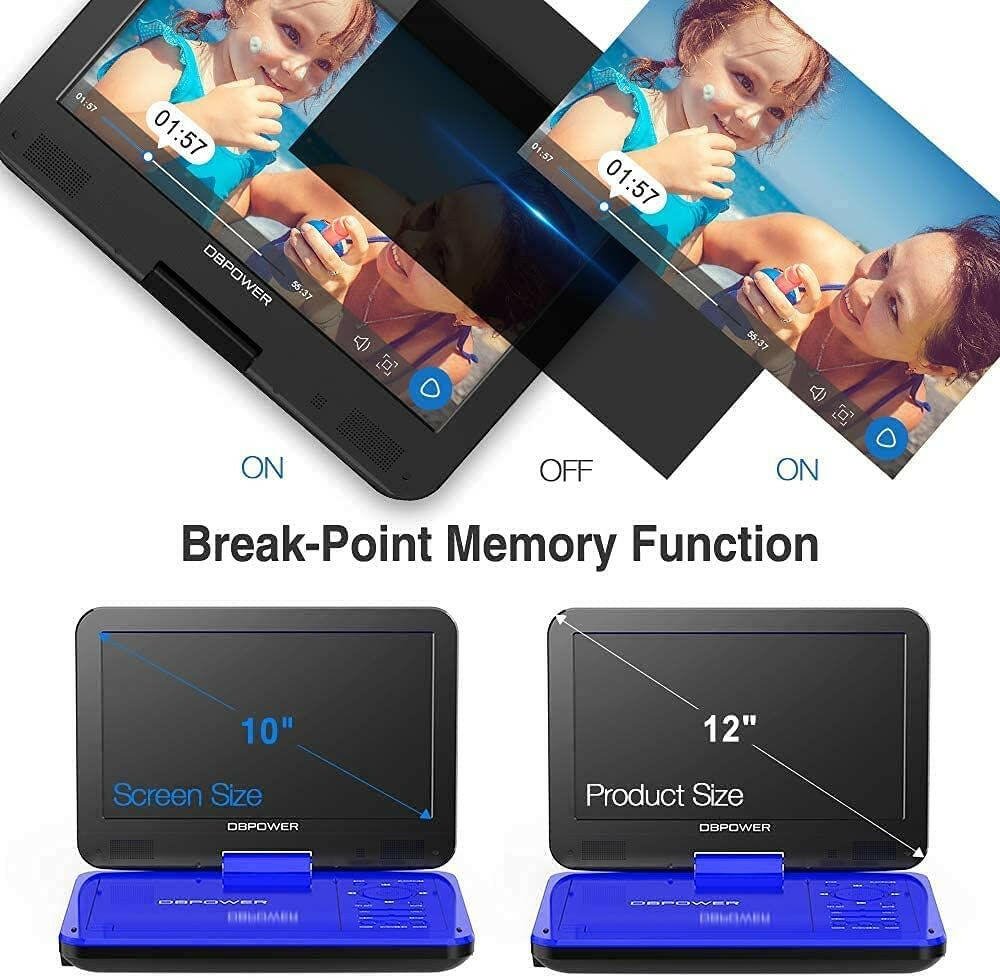 DBPOWER 12" Portable DVD Player with 5 - Hour Rechargeable Battery, 10" Swivel Display Screen, SD / USB Port, with 1.8 Meter Car Charger, Power Adaptor and Car Headrest Mount, Region Free - Blue - GoTypical