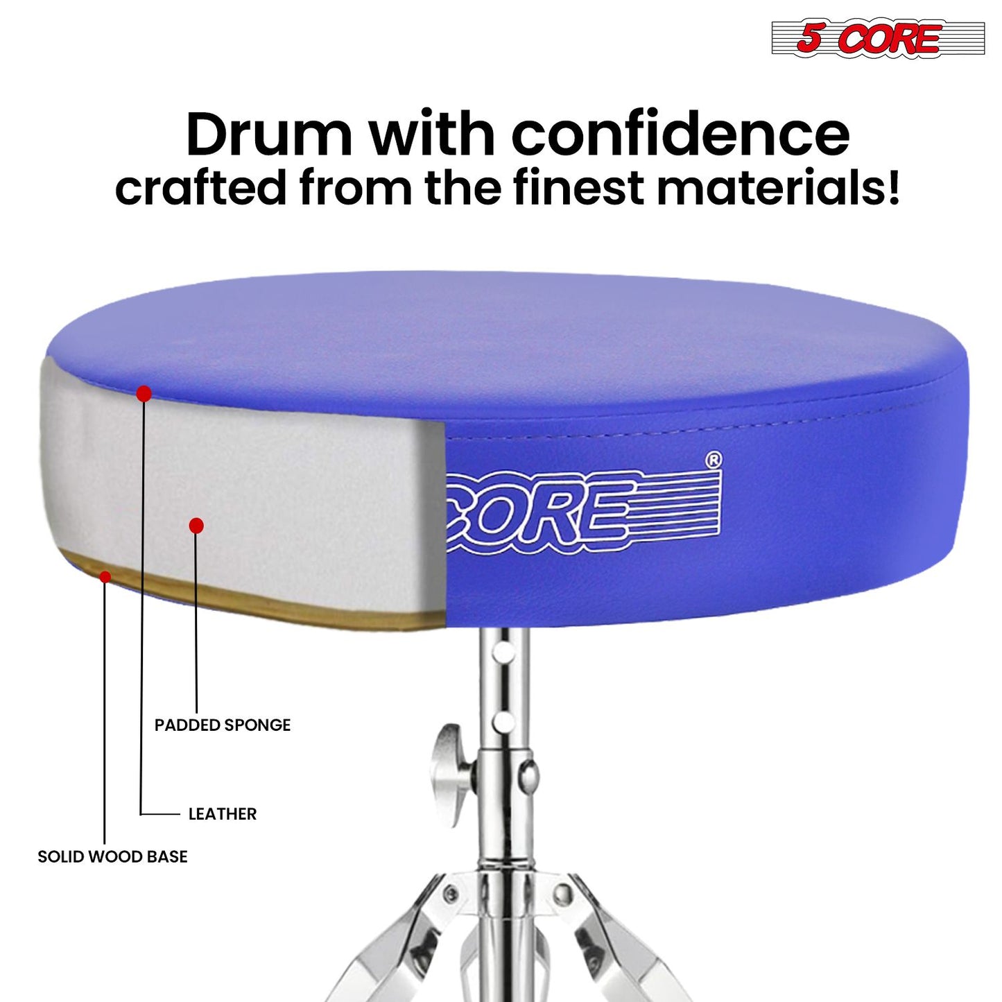 5 CORE Drum Throne Padded Guitar Stool Height Adjustable Music Chair Seat Universal for Adults & Kids with Anti Slip Rubber Feet DS CH BLU.
