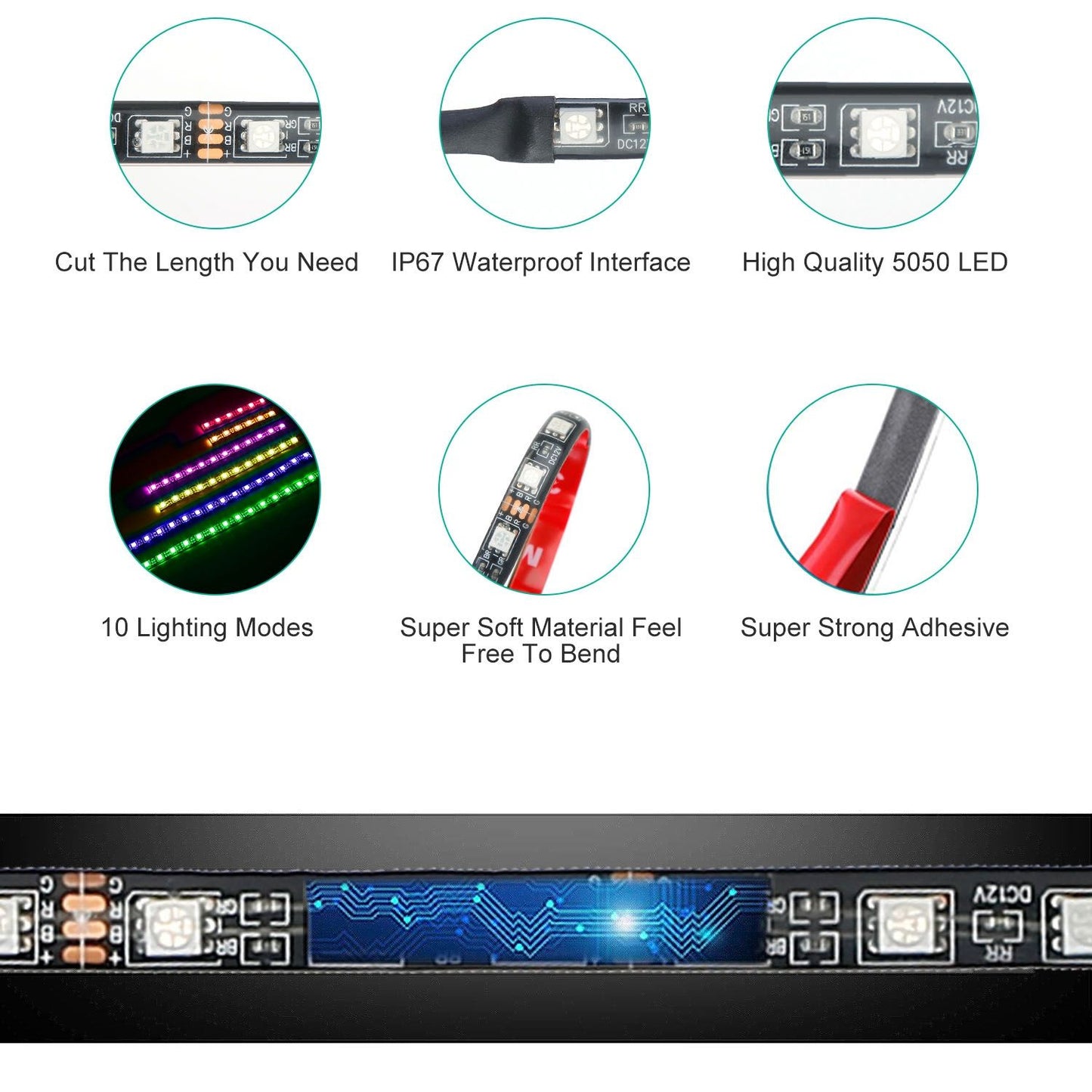 6-Piece Waterproof Motorcycle LED Neon Light Strip Kit - RGB Multi-Color Atmosphere Lighting for DC 12V.