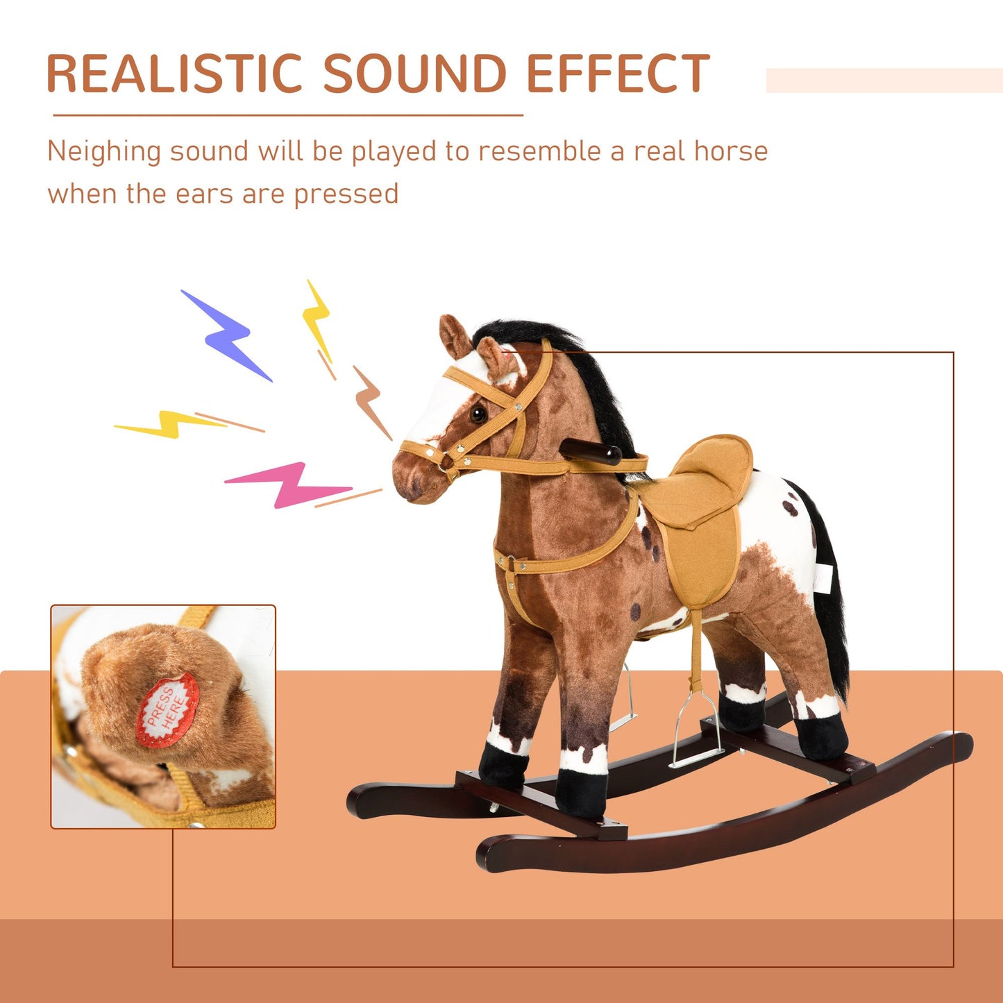 Qaba Kids Metal Plush Ride-On Rocking Horse Chair Toy With Realistic Sounds - Dark Brown/White.