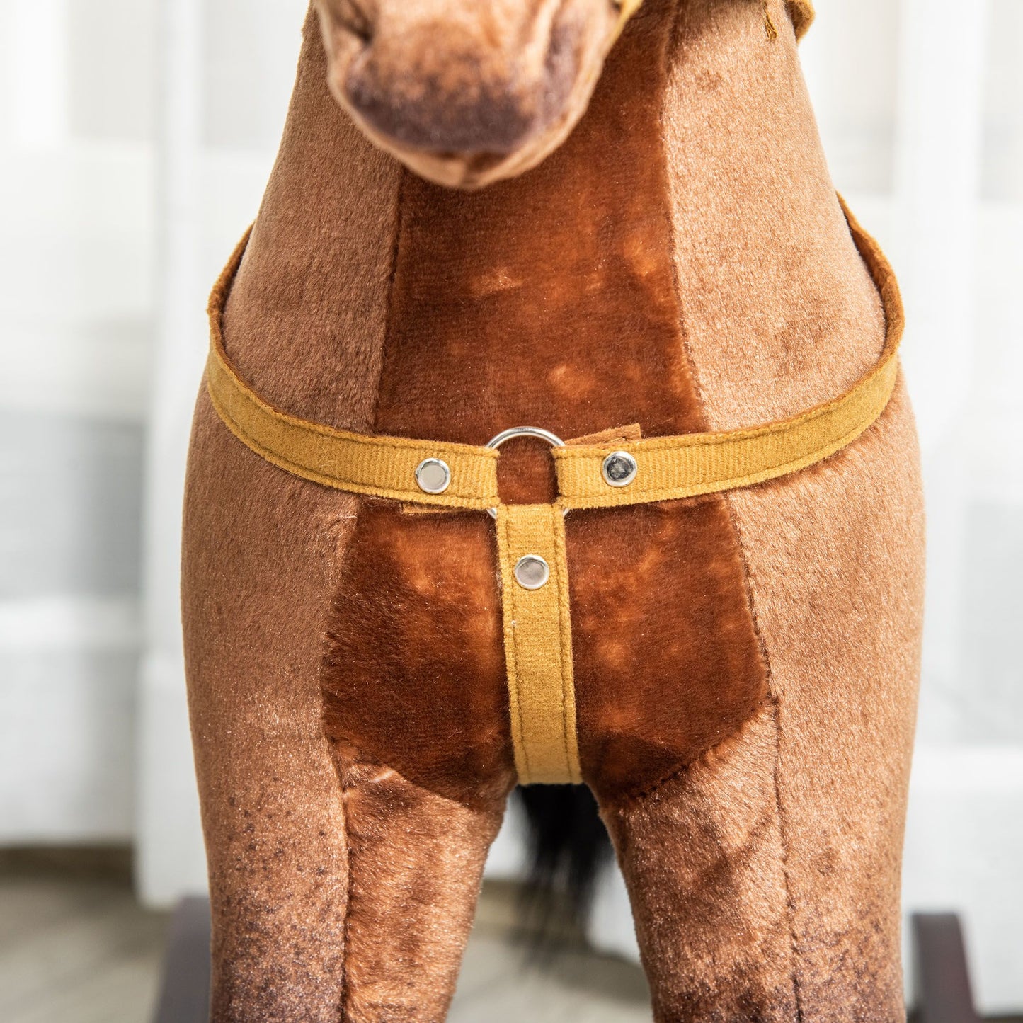 Qaba Kids Metal Plush Ride-On Rocking Horse Chair Toy With Realistic Sounds - Dark Brown/White.