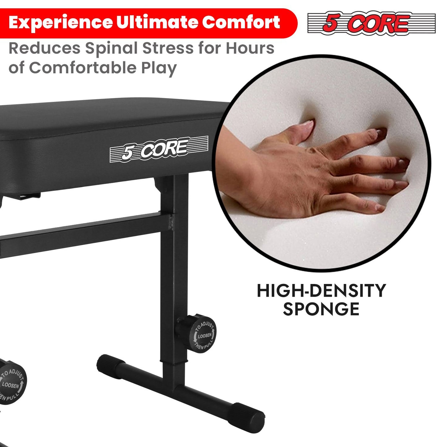 5 CORE Keyboard Bench Piano Stool T Style Black Thick Padded Cushion Seat | Height Adjustable 17 to 22 inch | Keyboard Chair (PU Leather) KBB H-ADJ BLK.