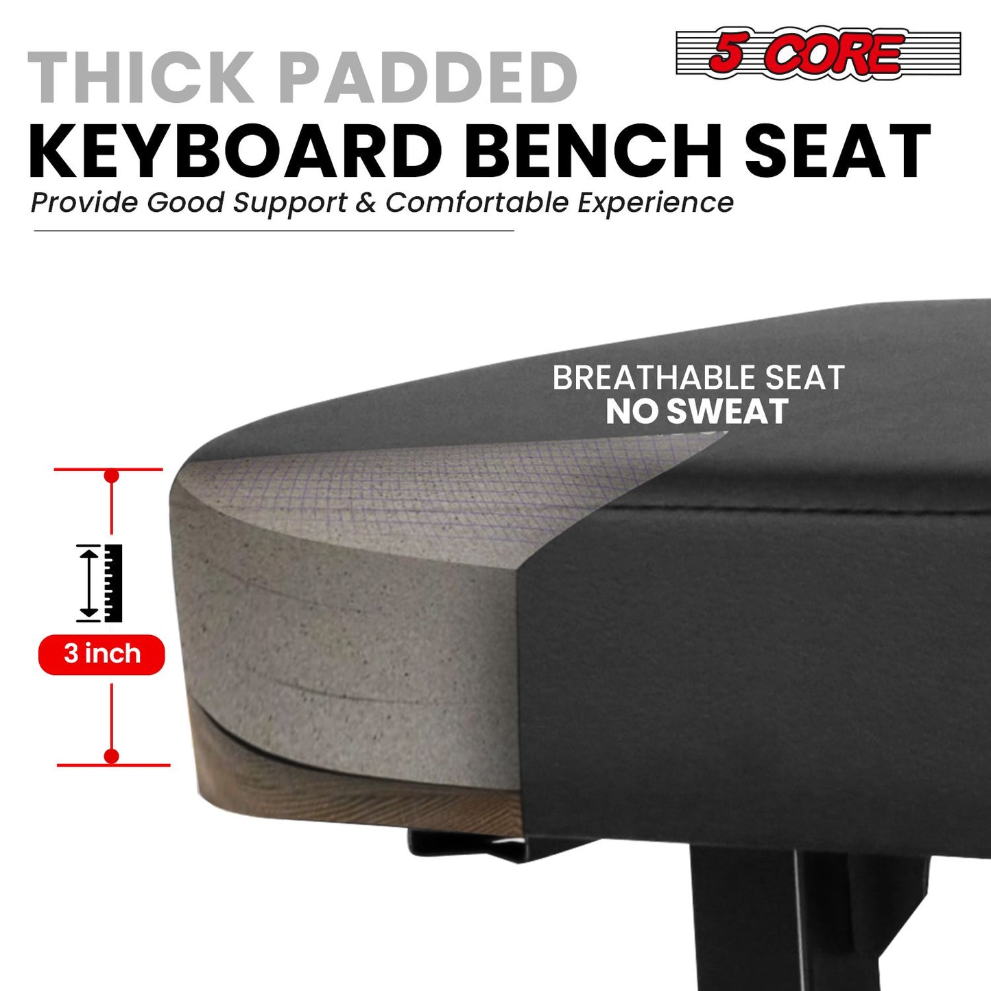 5 CORE Keyboard Bench Piano Stool T Style Black Thick Padded Cushion Seat | Height Adjustable 17 to 22 inch | Keyboard Chair (PU Leather) KBB H-ADJ BLK.