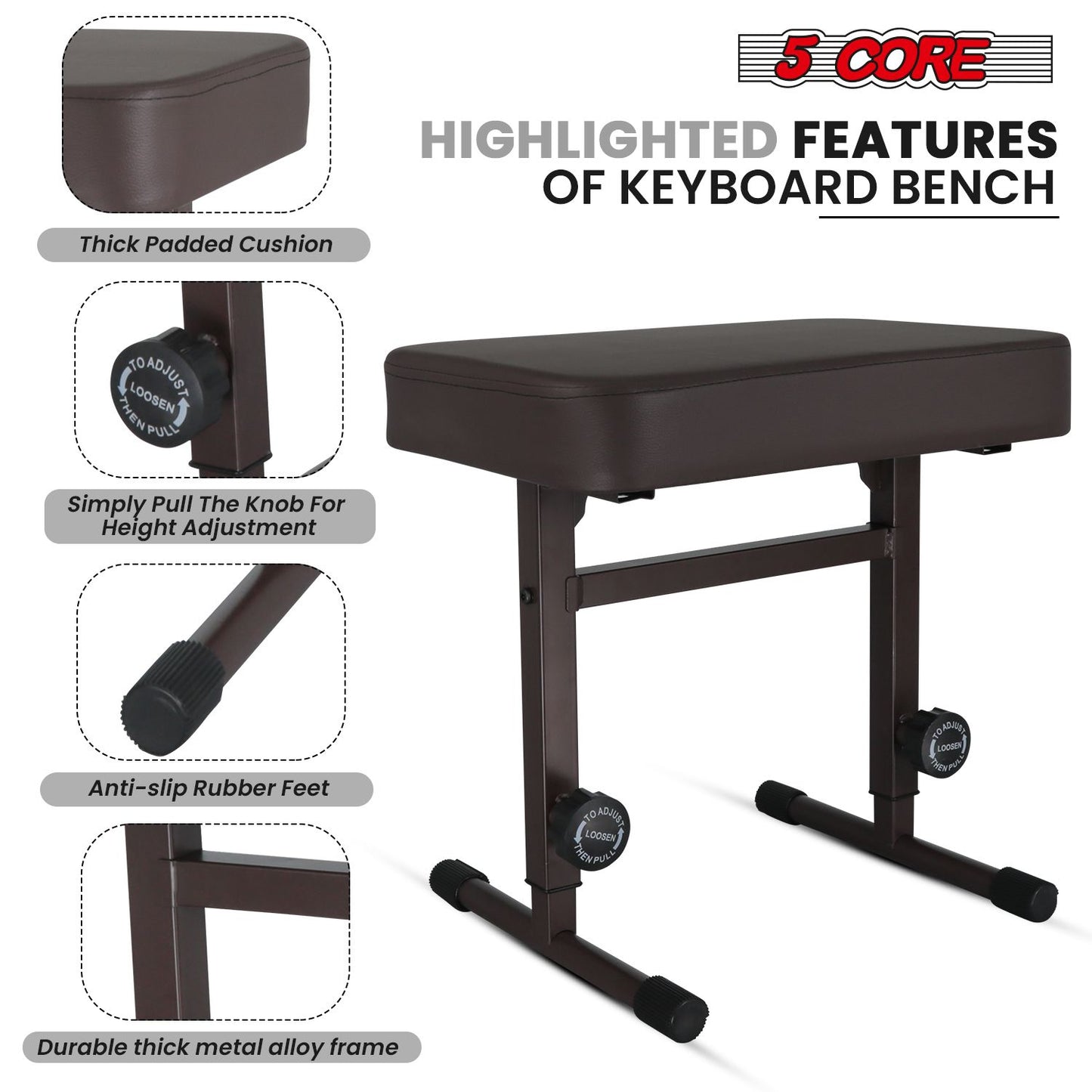 5 CORE Keyboard Bench Piano Stool T Style Brown Thick Padded Cushion Seat | Height Adjustable 17 to 22 inch | Keyboard Chair (PU Leather) KBB H-ADJ BR.