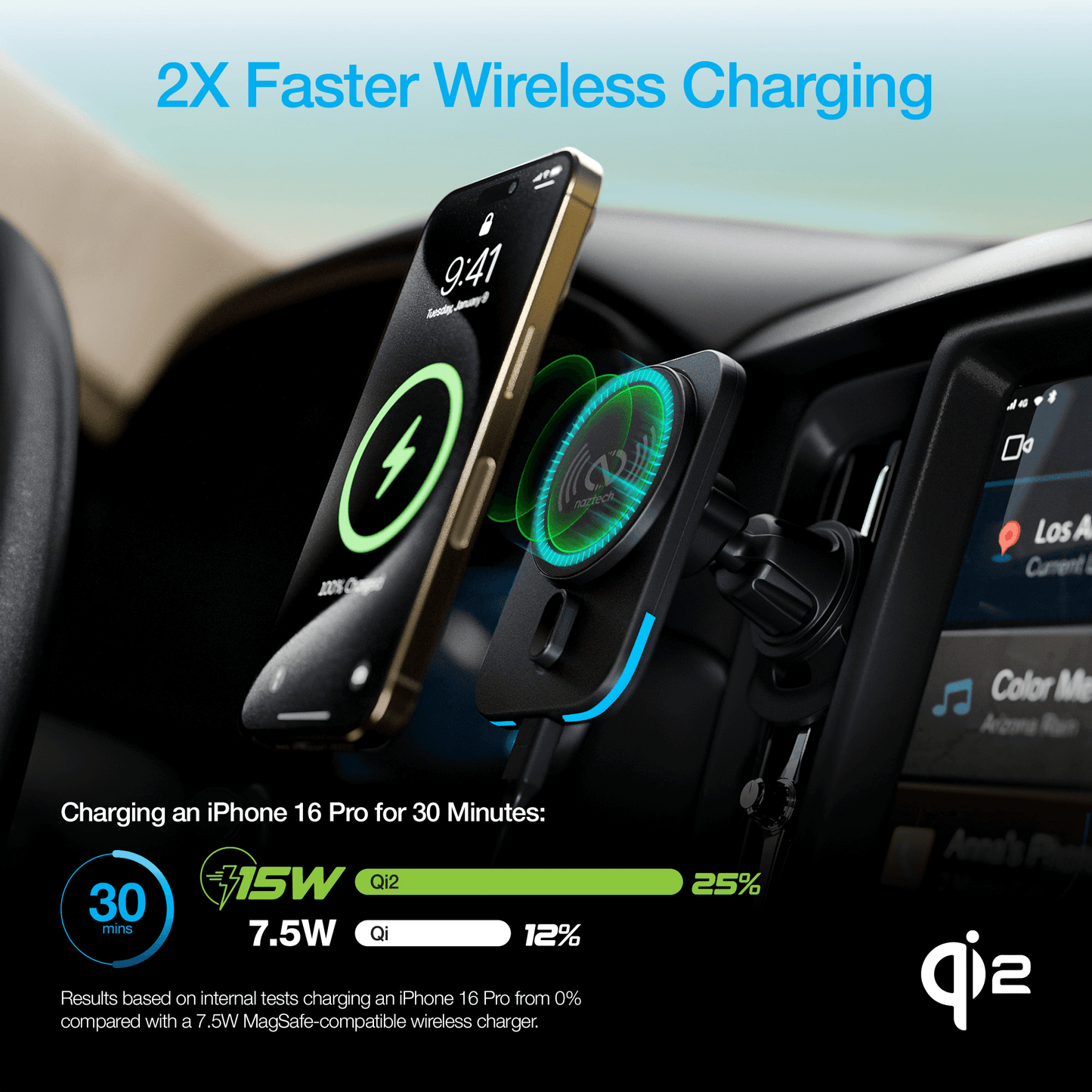 Naztech MagLock CAR 15W Magnetic Wireless Fast Charging Vent Mount with Qi2.