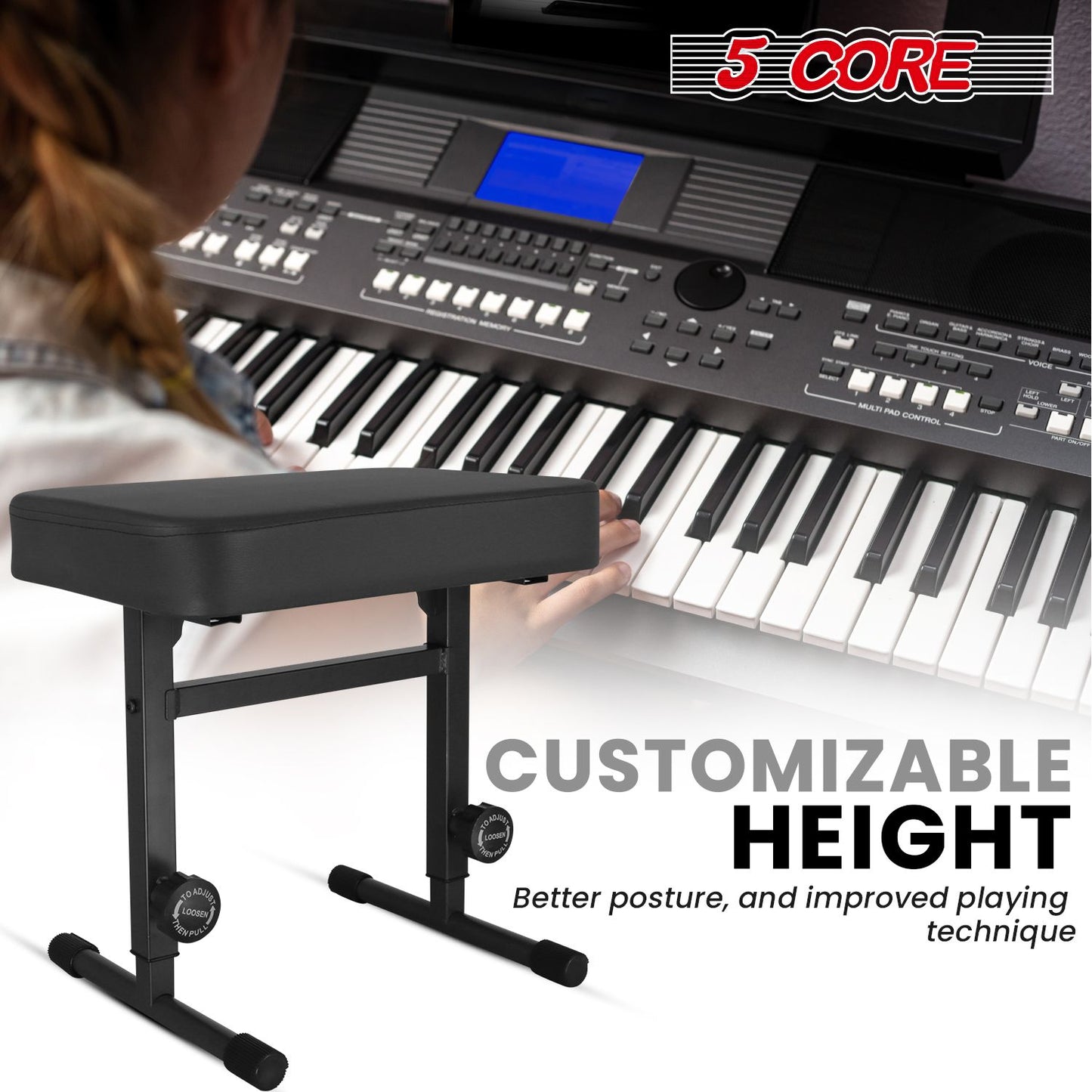 5 CORE Keyboard Bench Piano Stool T Style Black Thick Padded Cushion Seat | Height Adjustable 17 to 22 inch | Keyboard Chair (PU Leather) KBB H-ADJ BLK.
