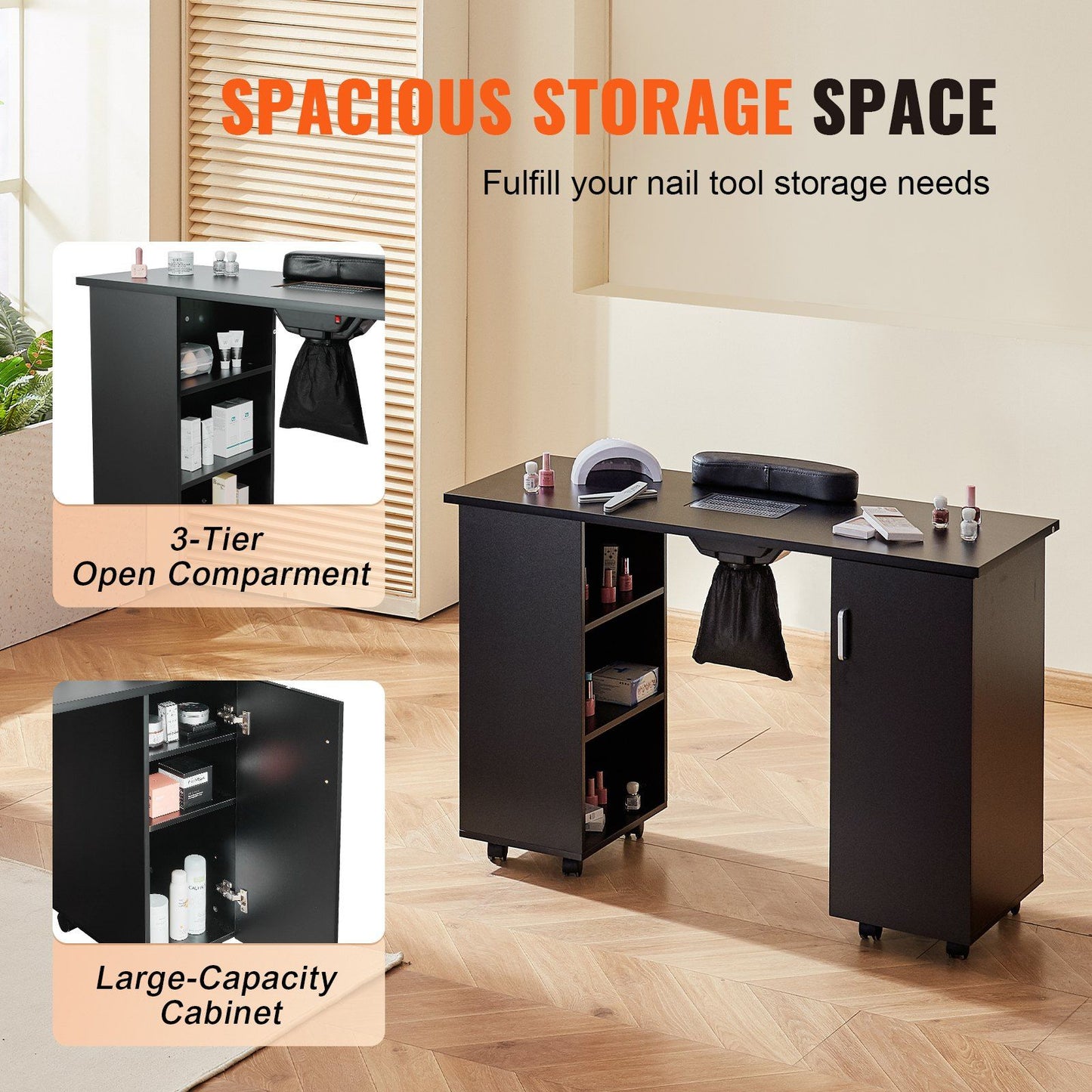 VEVOR Manicure Table, Nail Table Station with Electric Dust Collector, Moveable Nail Tech Desk with 8 Wheels (4 Lockable), 3 Dust Bag & Wrist Rest, MDF Nail Art Workstation for Spa Beauty Salon, Black.